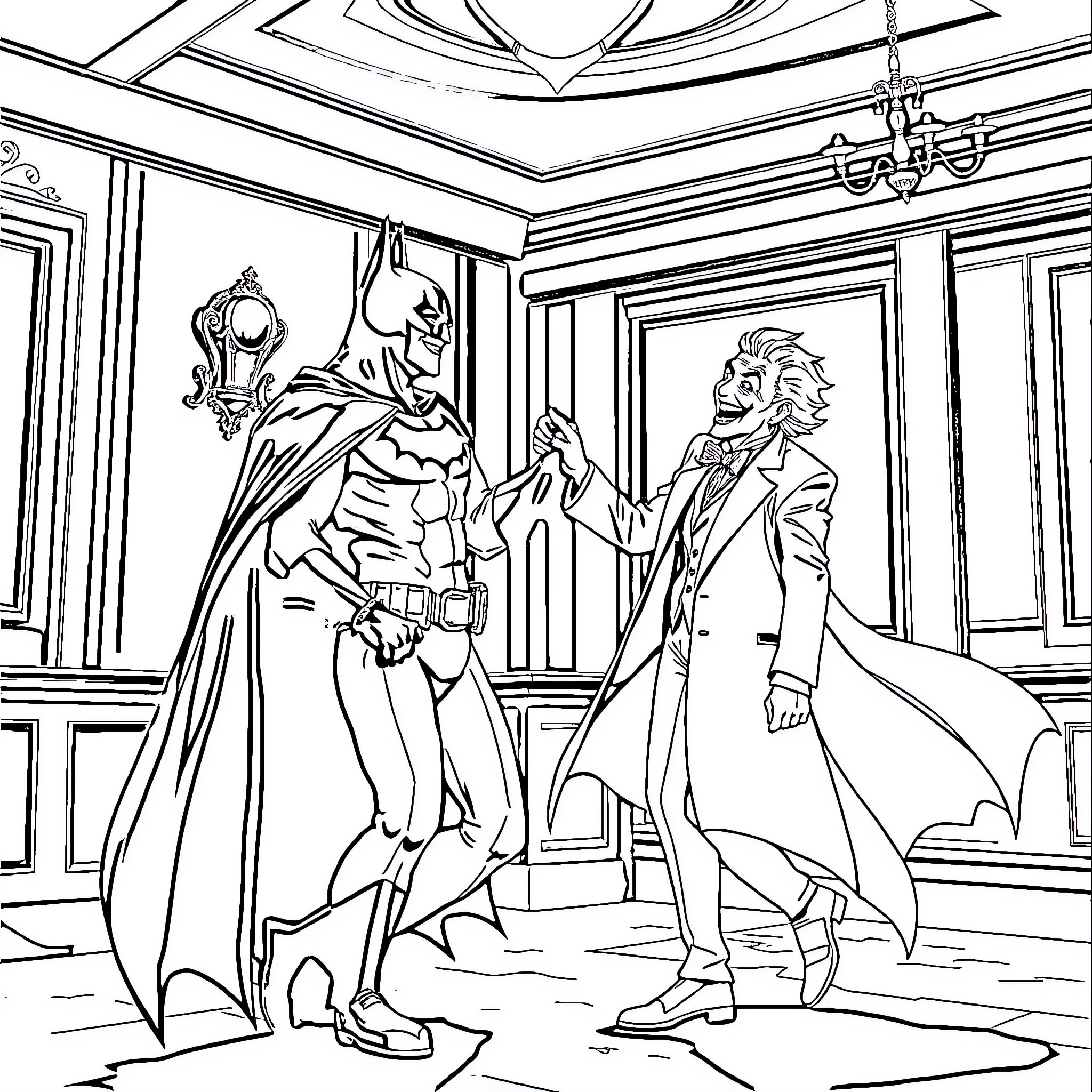 Batman confronting the Joker in an ornate room Coloring Page (free black-and-white line drawing printable PDF for all, from beginners to advanced learners, including children, teens, adults, and seniors)
