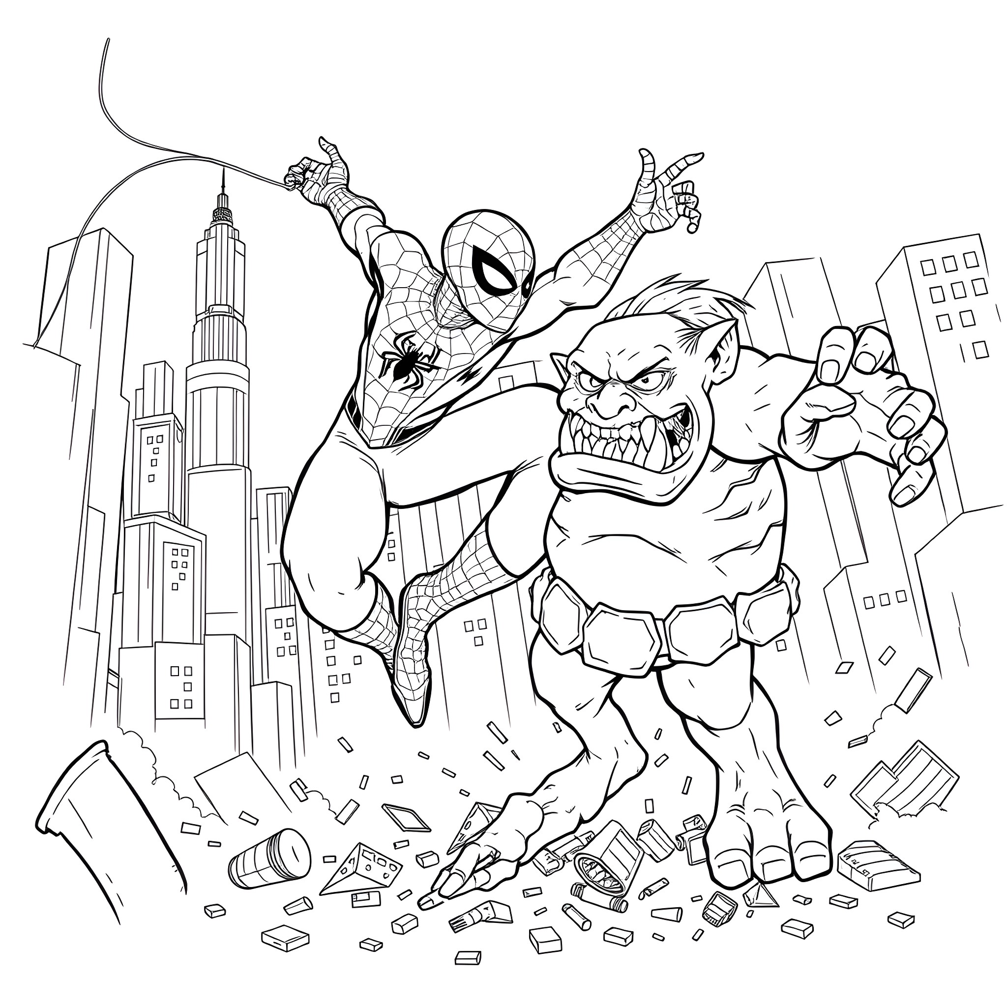 Spiderman fighting a villain in the city Coloring Page (free black-and-white line drawing printable PDF for all, from beginners to advanced learners, including children, teens, adults, and seniors)