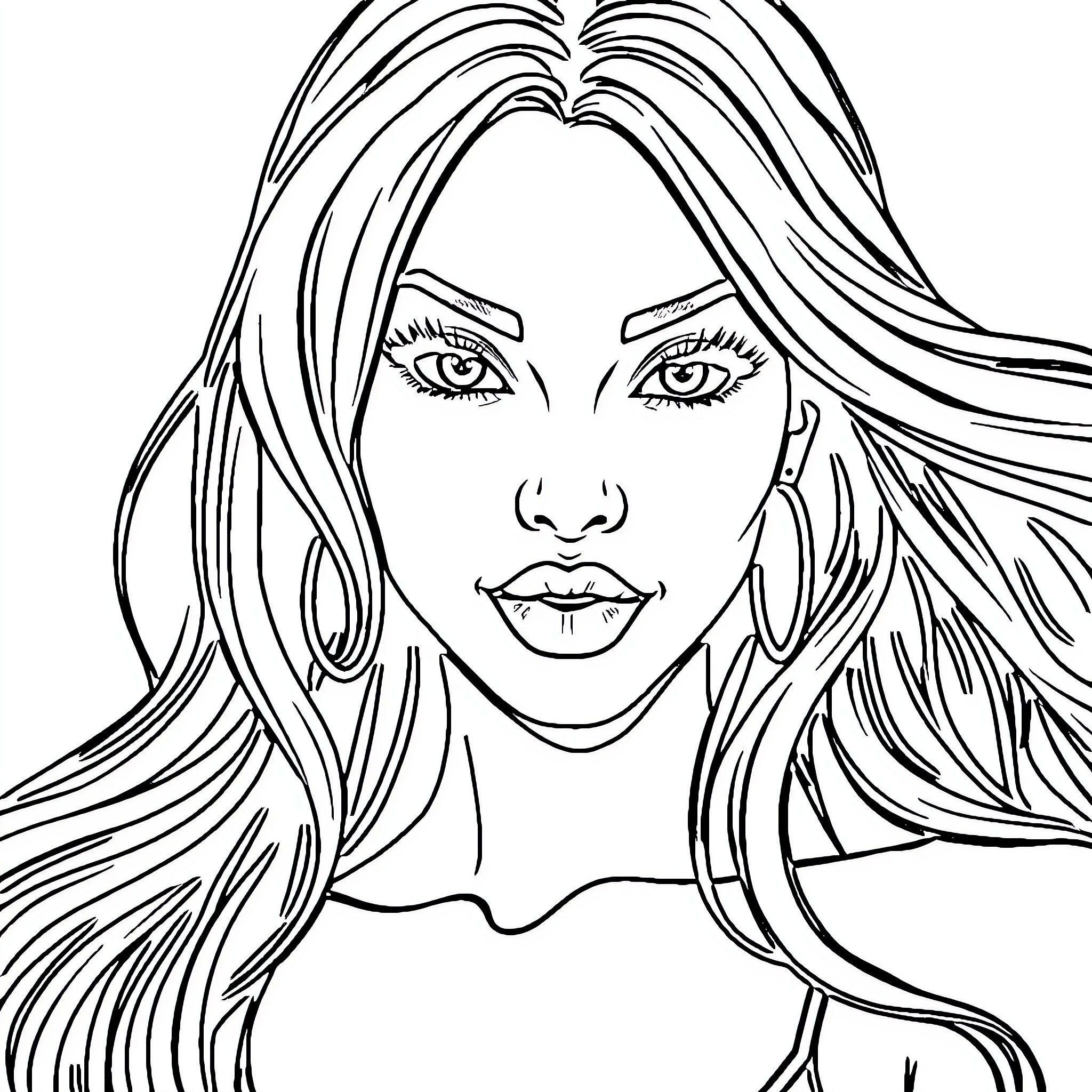 Woman with long flowing hair Coloring Page (free black-and-white line drawing printable PDF for all, from beginners to advanced learners, including children, teens, adults, and seniors)