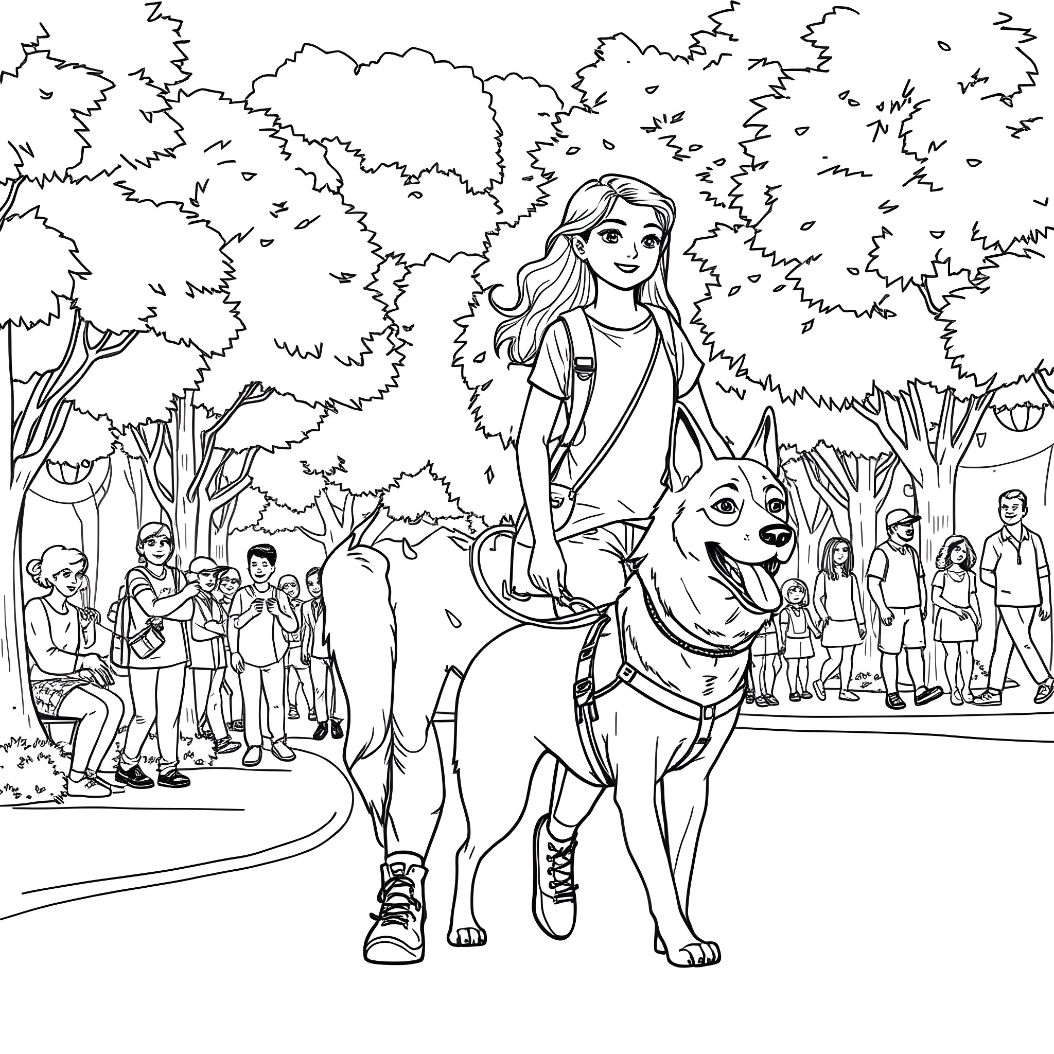 Teen Girl Walking Dog in the Park Coloring Page (free black-and-white line drawing printable PDF for all, from beginners to advanced learners, including children, teens, adults, and seniors)