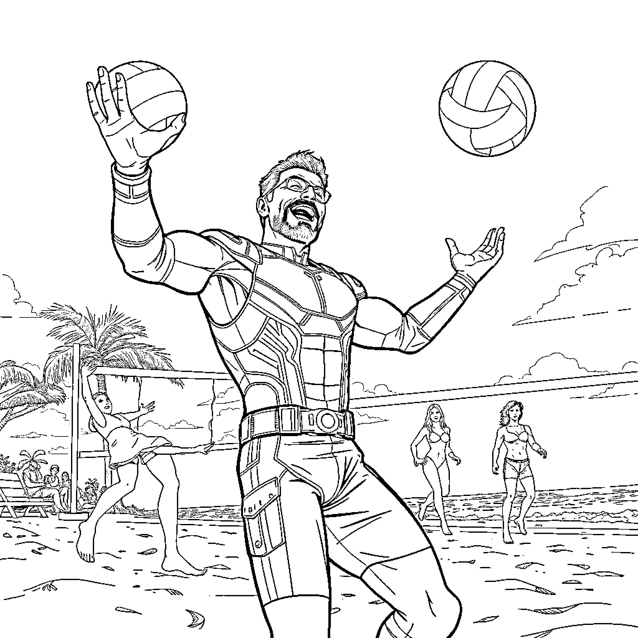 Tony Stark playing beach volleyball with friends Coloring Page (free black-and-white line drawing printable PDF for all, from beginners to advanced learners, including children, teens, adults, and seniors)