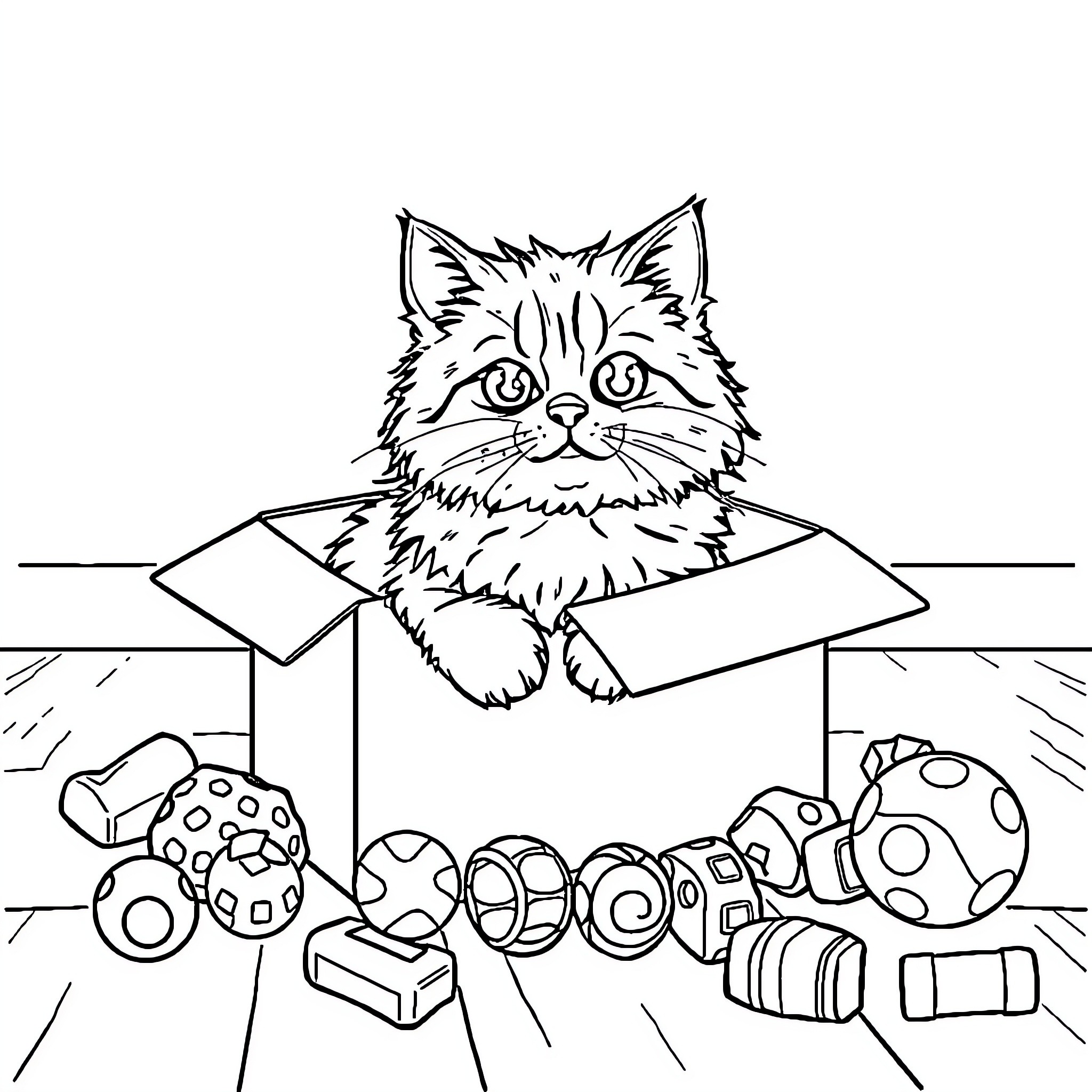 Cat peeking out of cardboard box filled with toys Coloring Page (free black-and-white line drawing printable PDF for all, from beginners to advanced learners, including children, teens, adults, and seniors)
