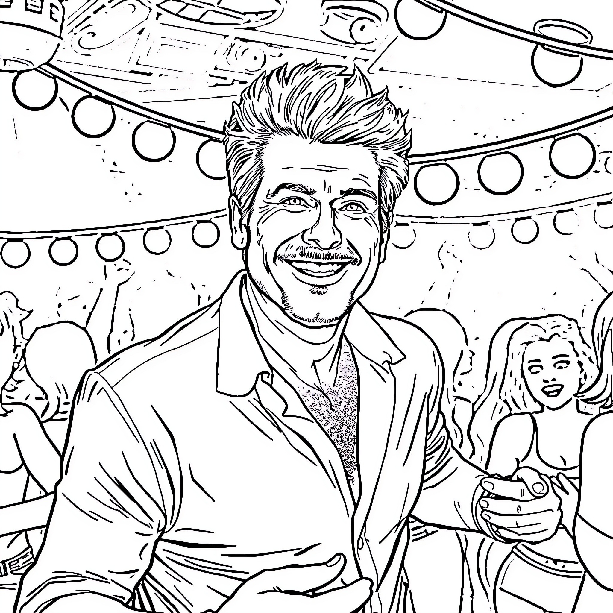 David Hasselhoff entertaining fans at a lively event Coloring Page (free black-and-white line drawing printable PDF for all, from beginners to advanced learners, including children, teens, adults, and seniors)