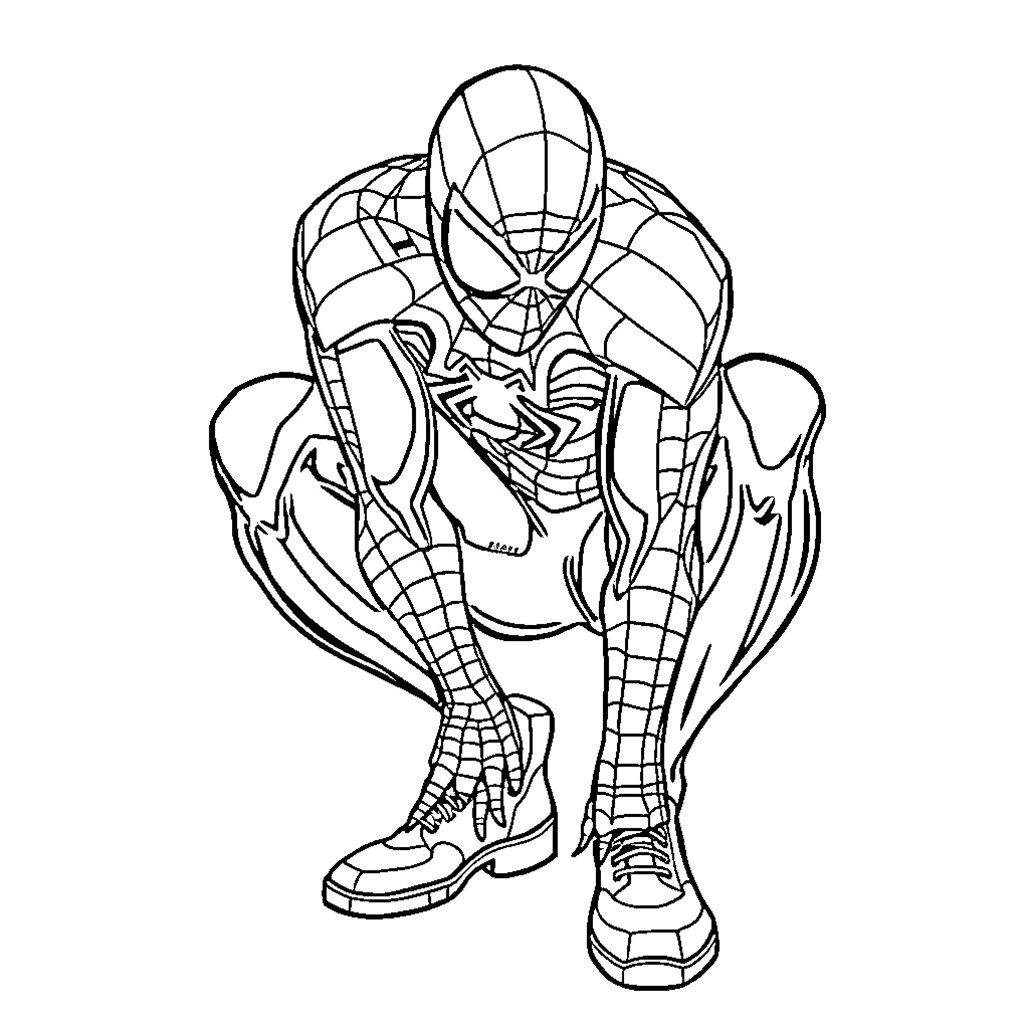 Spiderman crouching in action pose Coloring Page (free black-and-white line drawing printable PDF for all, from beginners to advanced learners, including children, teens, adults, and seniors)