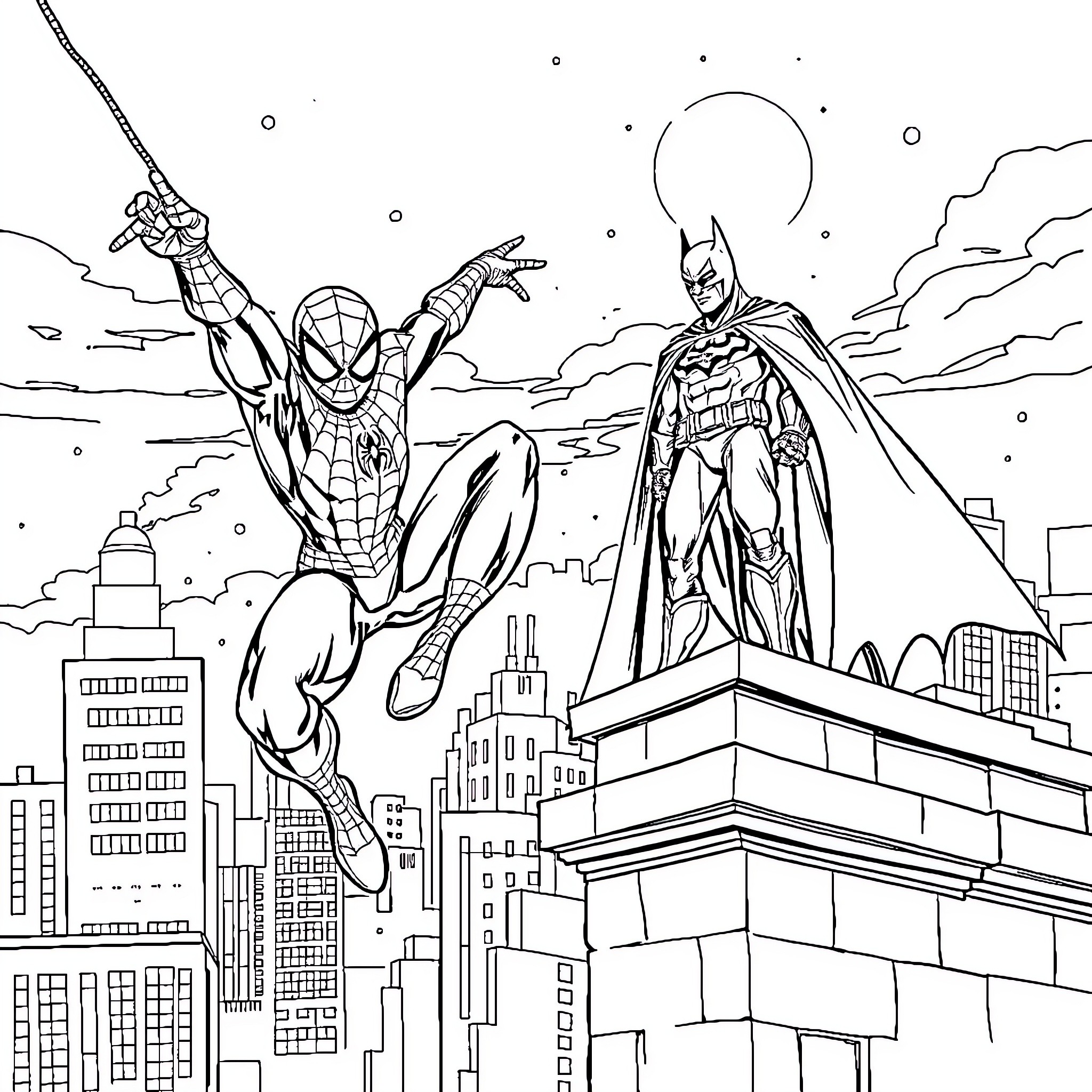 Spiderman and Batman team up over the city skyline Coloring Page (free black-and-white line drawing printable PDF for all, from beginners to advanced learners, including children, teens, adults, and seniors)