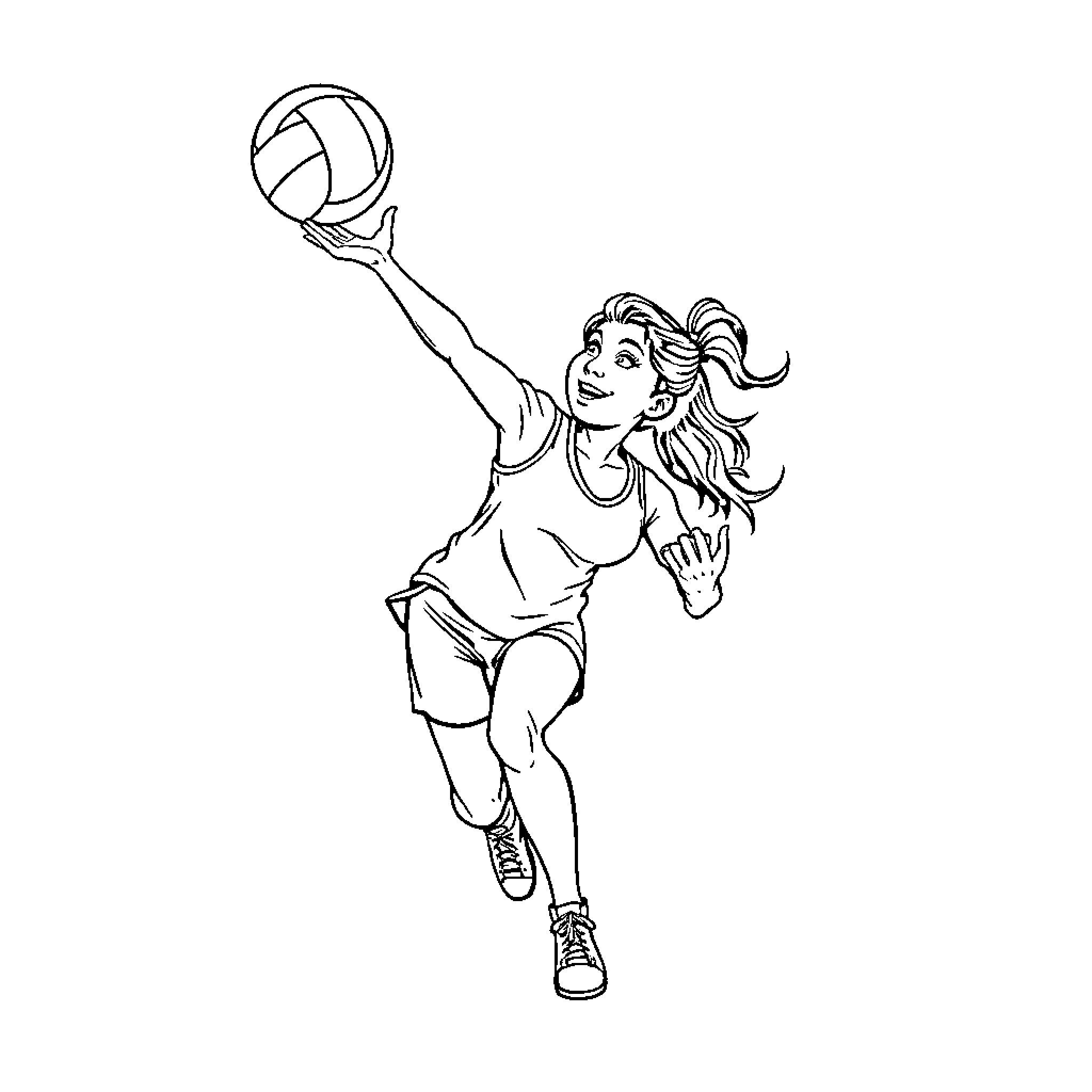 Maha's Volleyball Passion Coloring Page (free black-and-white line drawing printable PDF for all, from beginners to advanced learners, including children, teens, adults, and seniors)