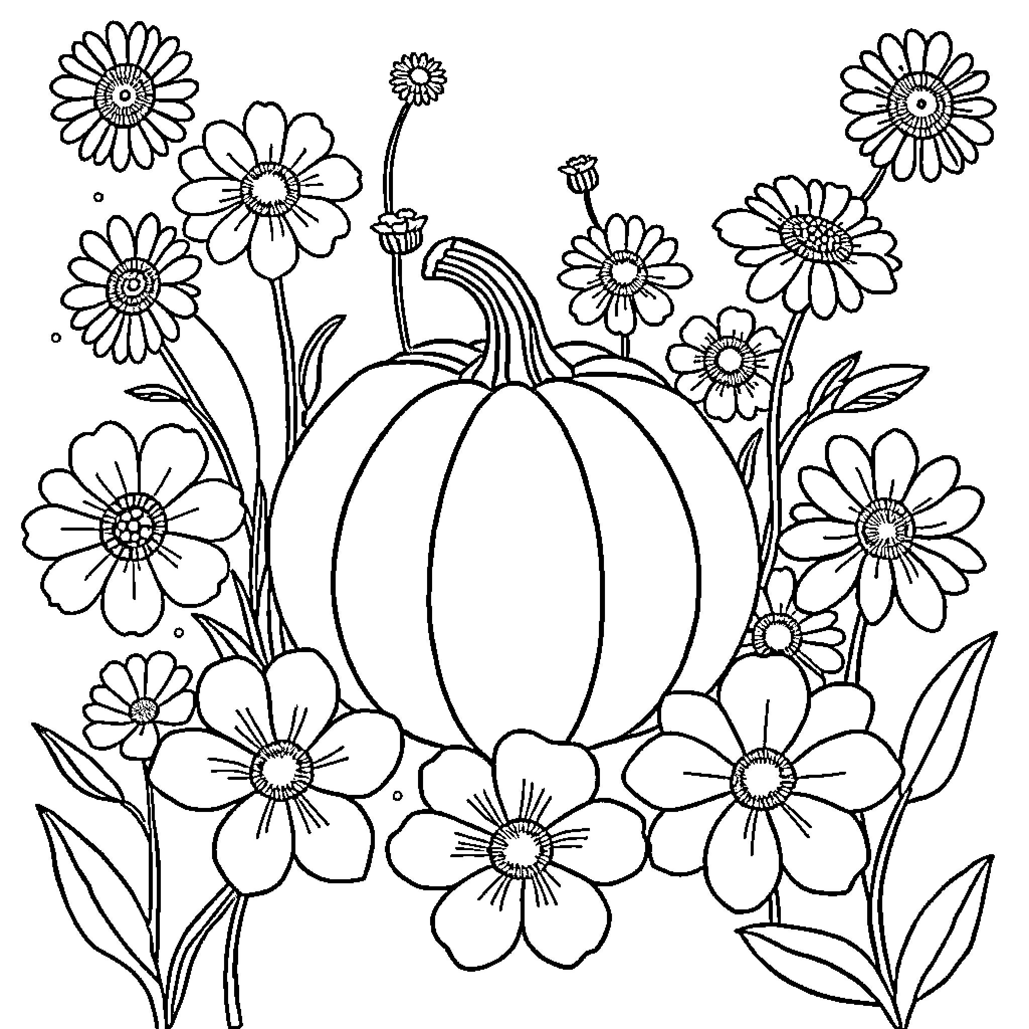 Pumpkin surrounded by colorful flowers Coloring Page (free black-and-white line drawing printable PDF for all, from beginners to advanced learners, including children, teens, adults, and seniors)