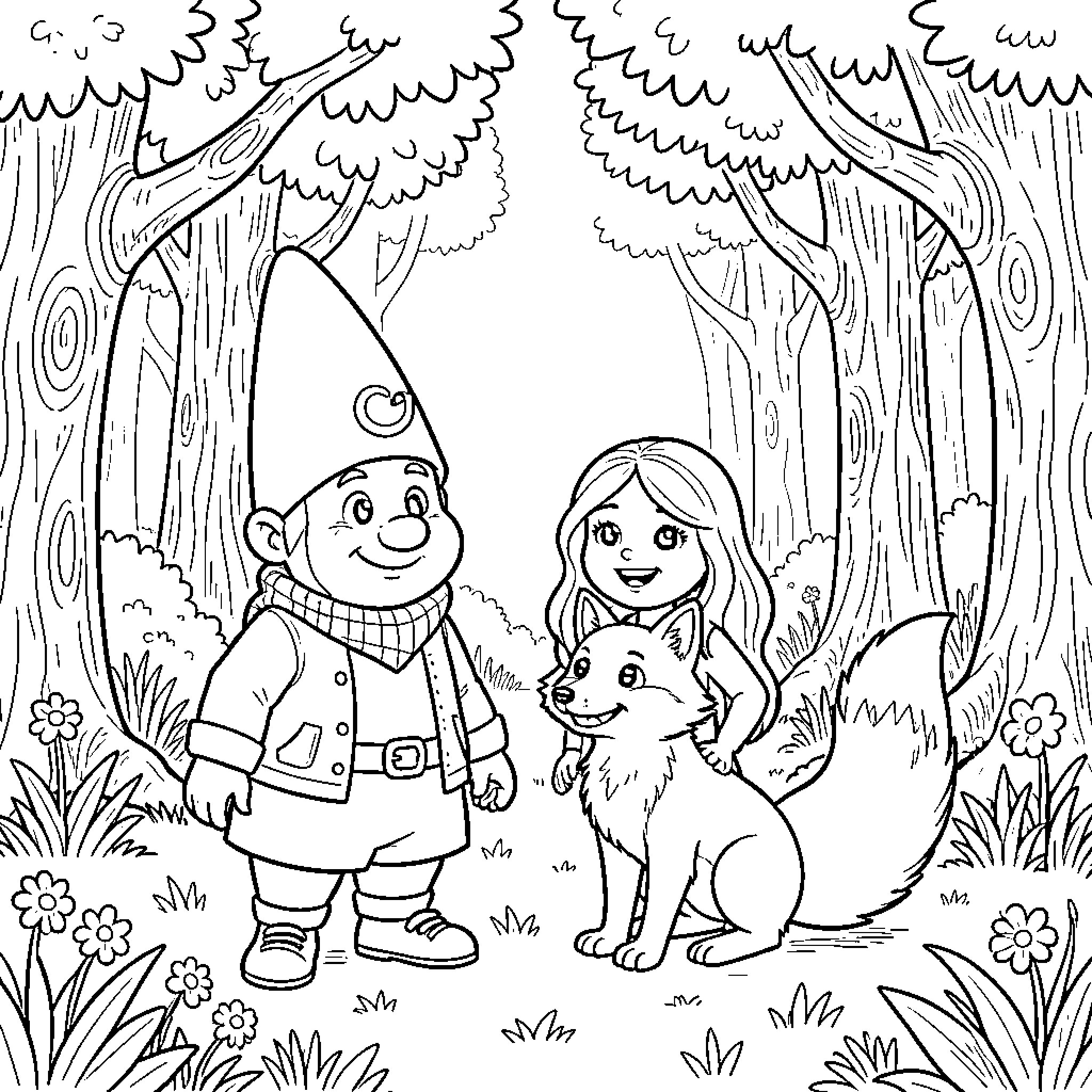 Gnome and girl smiling with a friendly fox Coloring Page (free black-and-white line drawing printable PDF for all, from beginners to advanced learners, including children, teens, adults, and seniors)