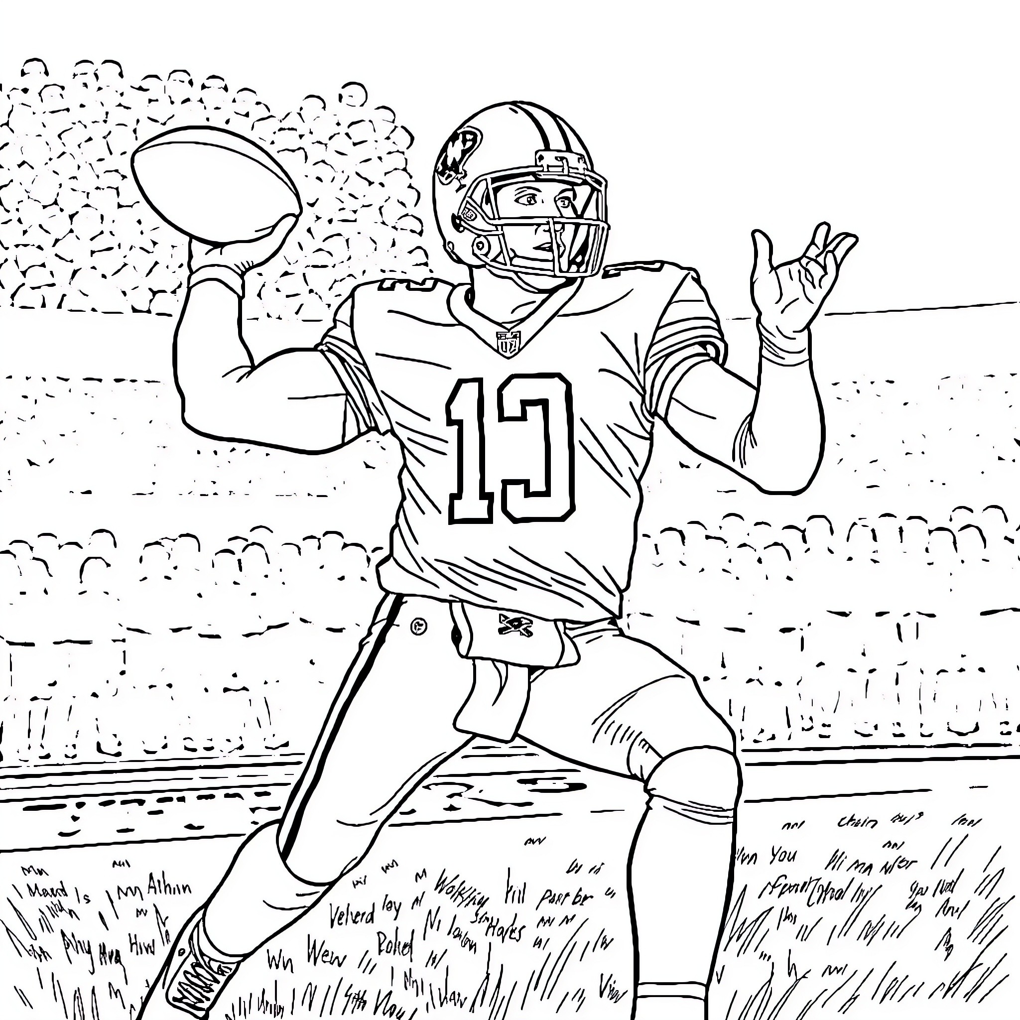 Matthew Stafford throwing football on the field Coloring Page (free black-and-white line drawing printable PDF for all, from beginners to advanced learners, including children, teens, adults, and seniors)