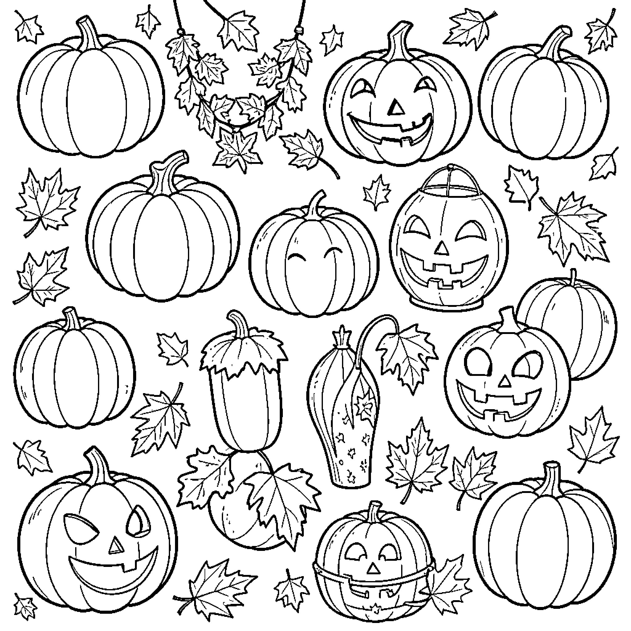 October pumpkins and fall leaves scattered in a pattern Coloring Page (free black-and-white line drawing printable PDF for all, from beginners to advanced learners, including children, teens, adults, and seniors)