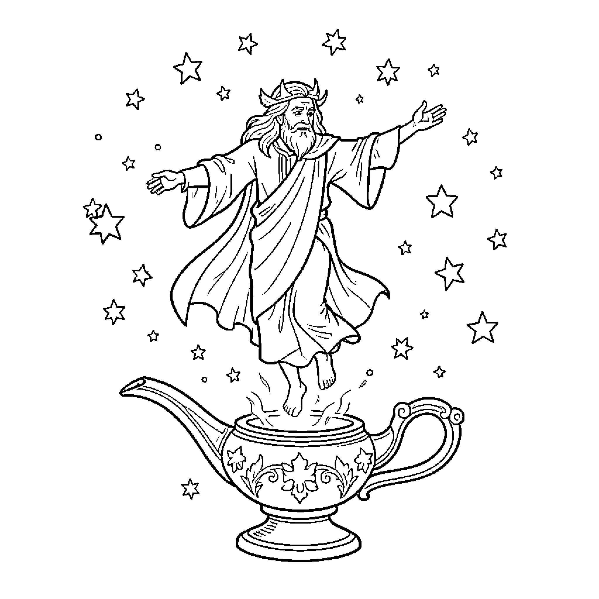 Genie emerging from magical teapot with stars Coloring Page (free black-and-white line drawing printable PDF for all, from beginners to advanced learners, including children, teens, adults, and seniors)