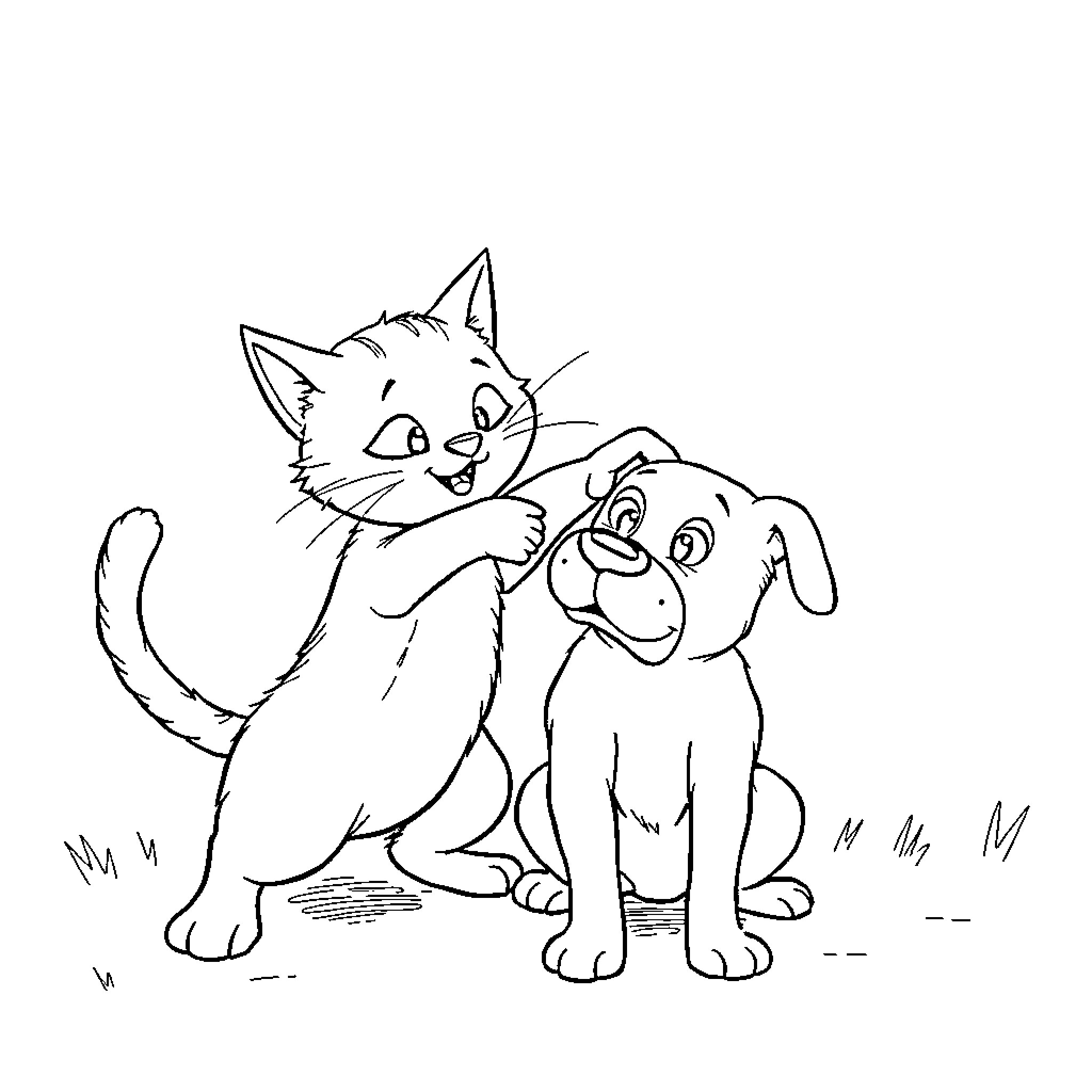 Cat and Dog Cartoon Friends Coloring Page (free black-and-white line drawing printable PDF for all, from beginners to advanced learners, including children, teens, adults, and seniors)