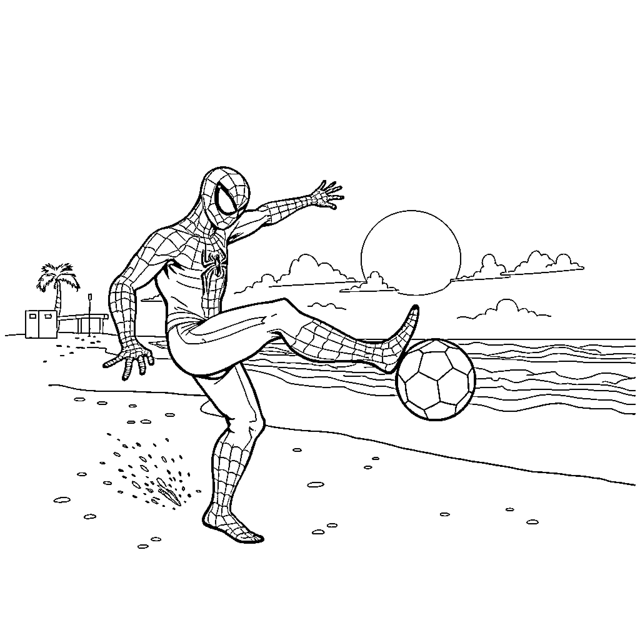 Spiderman playing soccer on the beach Coloring Page (free black-and-white line drawing printable PDF for all, from beginners to advanced learners, including children, teens, adults, and seniors)