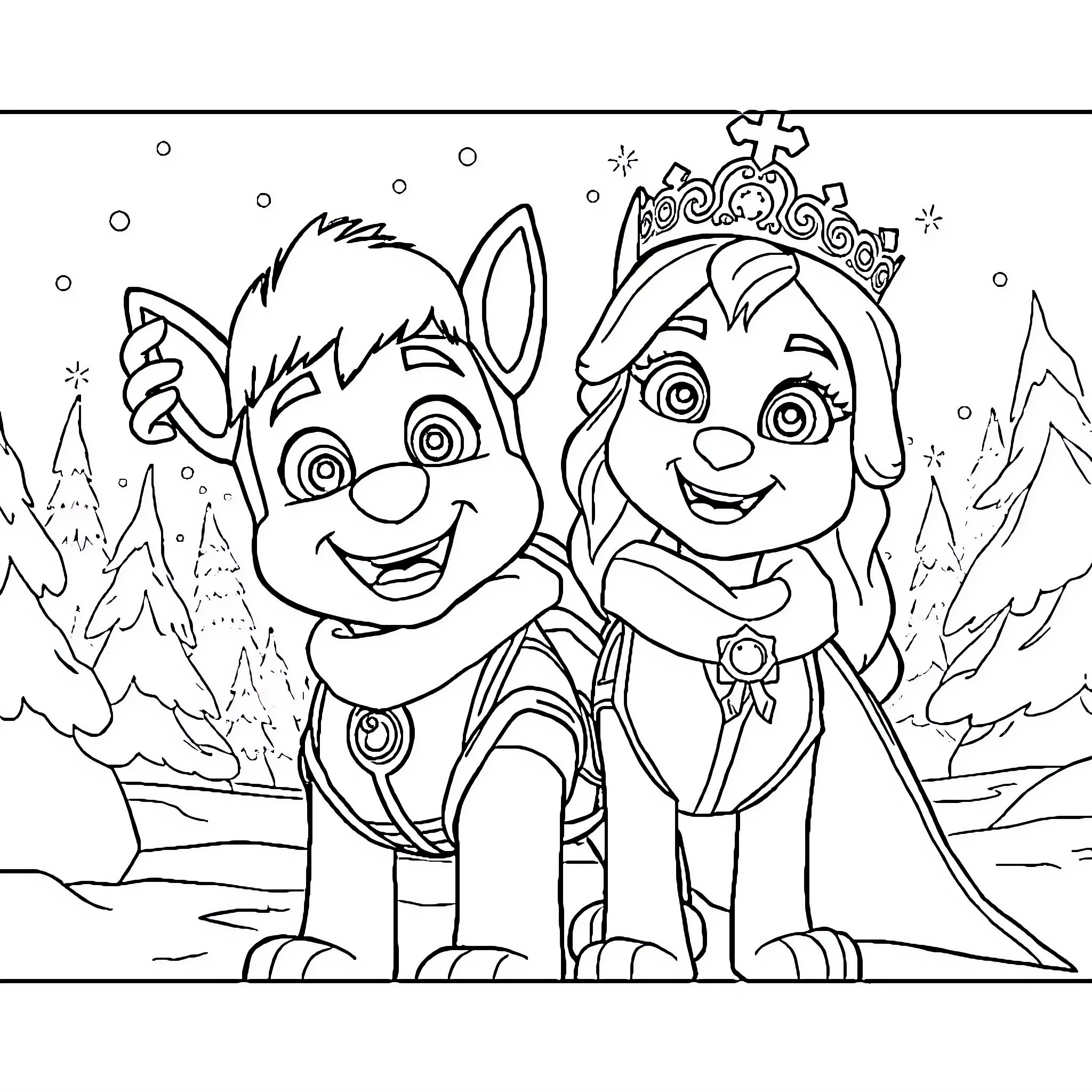 Roben's Wintry Adventure with Paw Patrol Pups Coloring Page (free black-and-white line drawing printable PDF for all, from beginners to advanced learners, including children, teens, adults, and seniors)