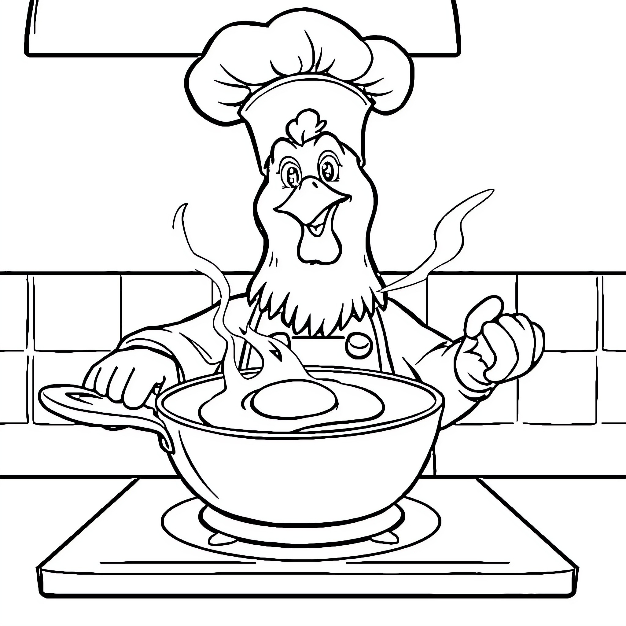 Chicken chef cooking in the kitchen Coloring Page (free black-and-white line drawing printable PDF for all, from beginners to advanced learners, including children, teens, adults, and seniors)