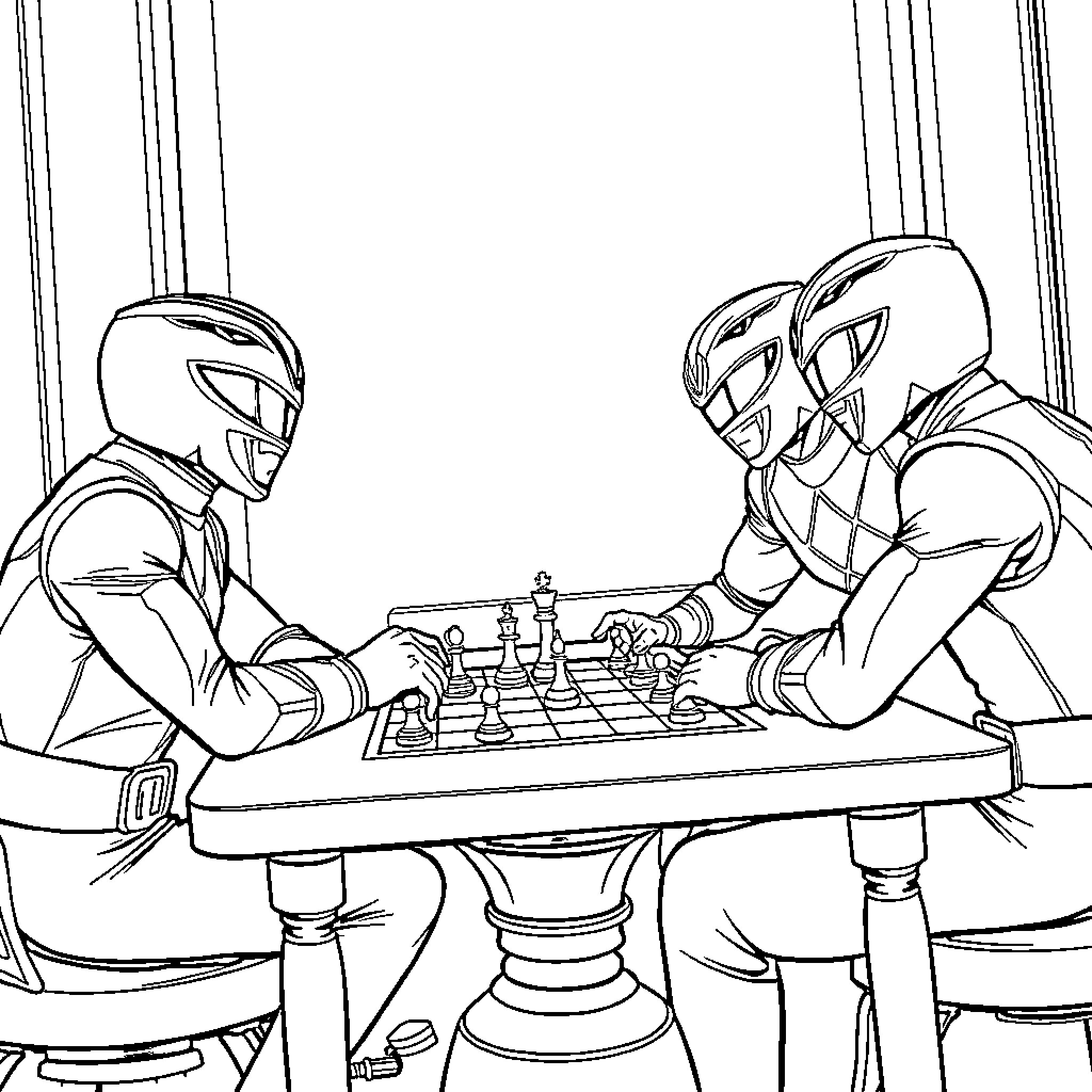 Power Rangers Engaged in a Chess Match Coloring Page (free black-and-white line drawing printable PDF for all, from beginners to advanced learners, including children, teens, adults, and seniors)