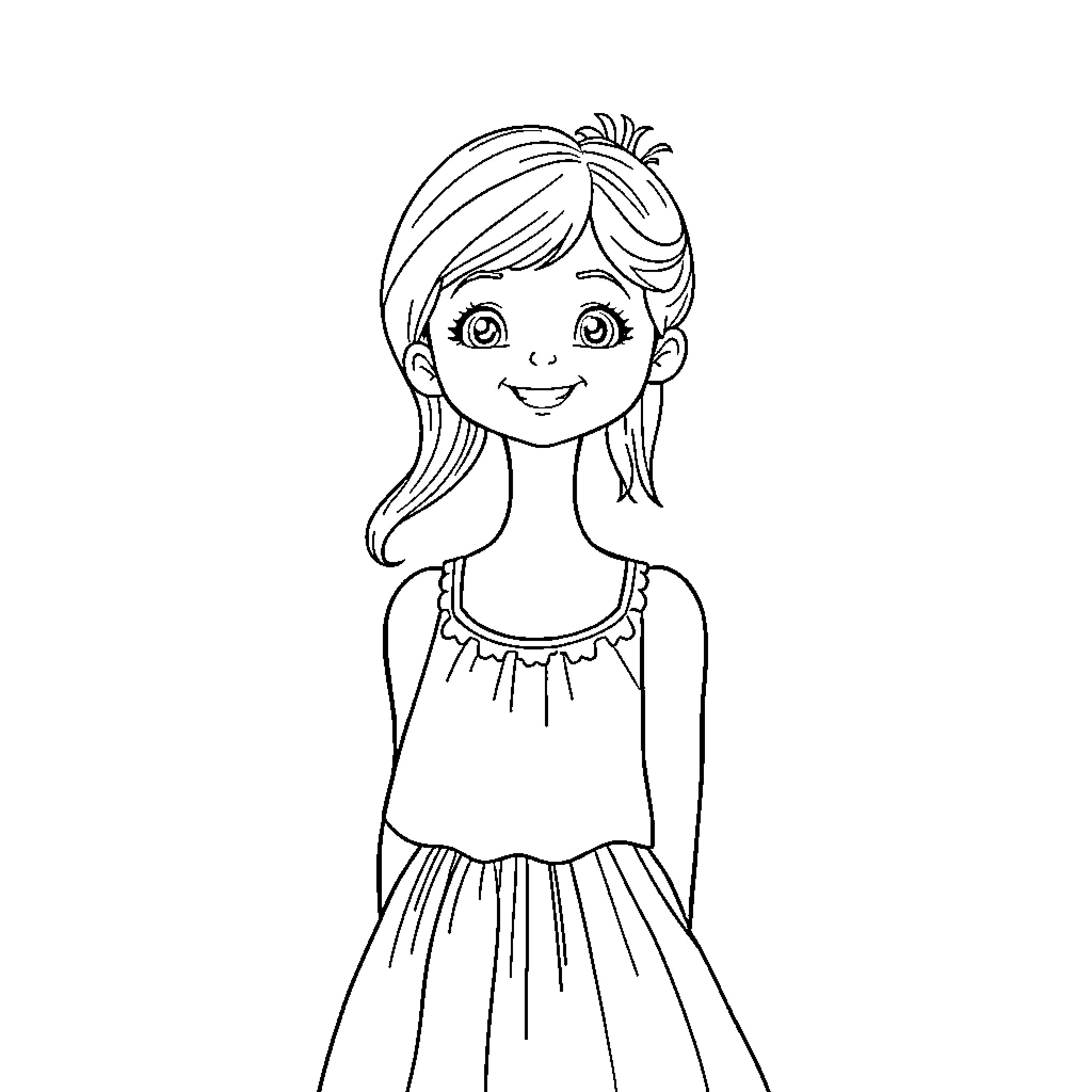 Girl in a happy mood with a friendly expression Coloring Page (free black-and-white line drawing printable PDF for all, from beginners to advanced learners, including children, teens, adults, and seniors)