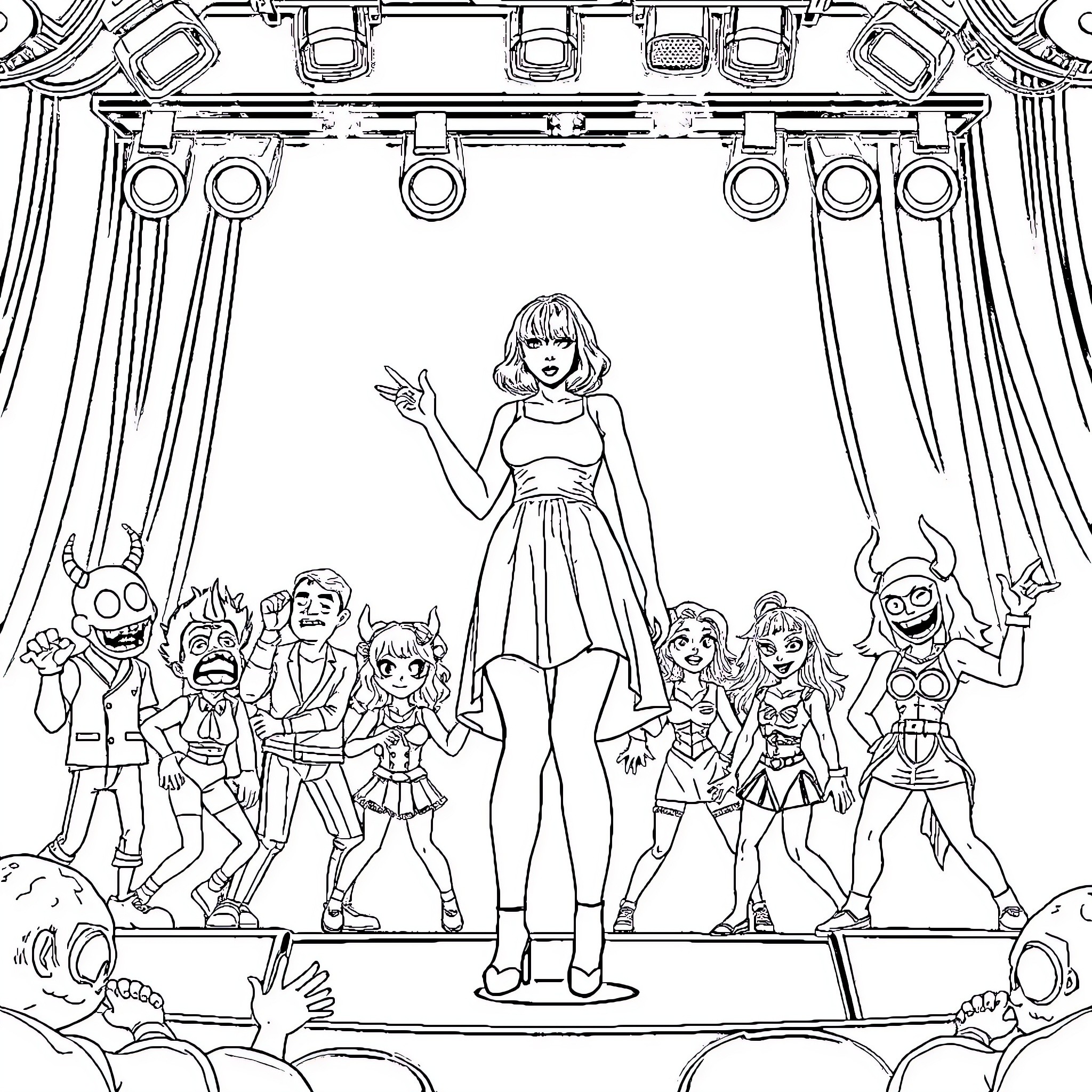 Taylor Swift performing on stage with backup dancers Coloring Page (free black-and-white line drawing printable PDF for all, from beginners to advanced learners, including children, teens, adults, and seniors)
