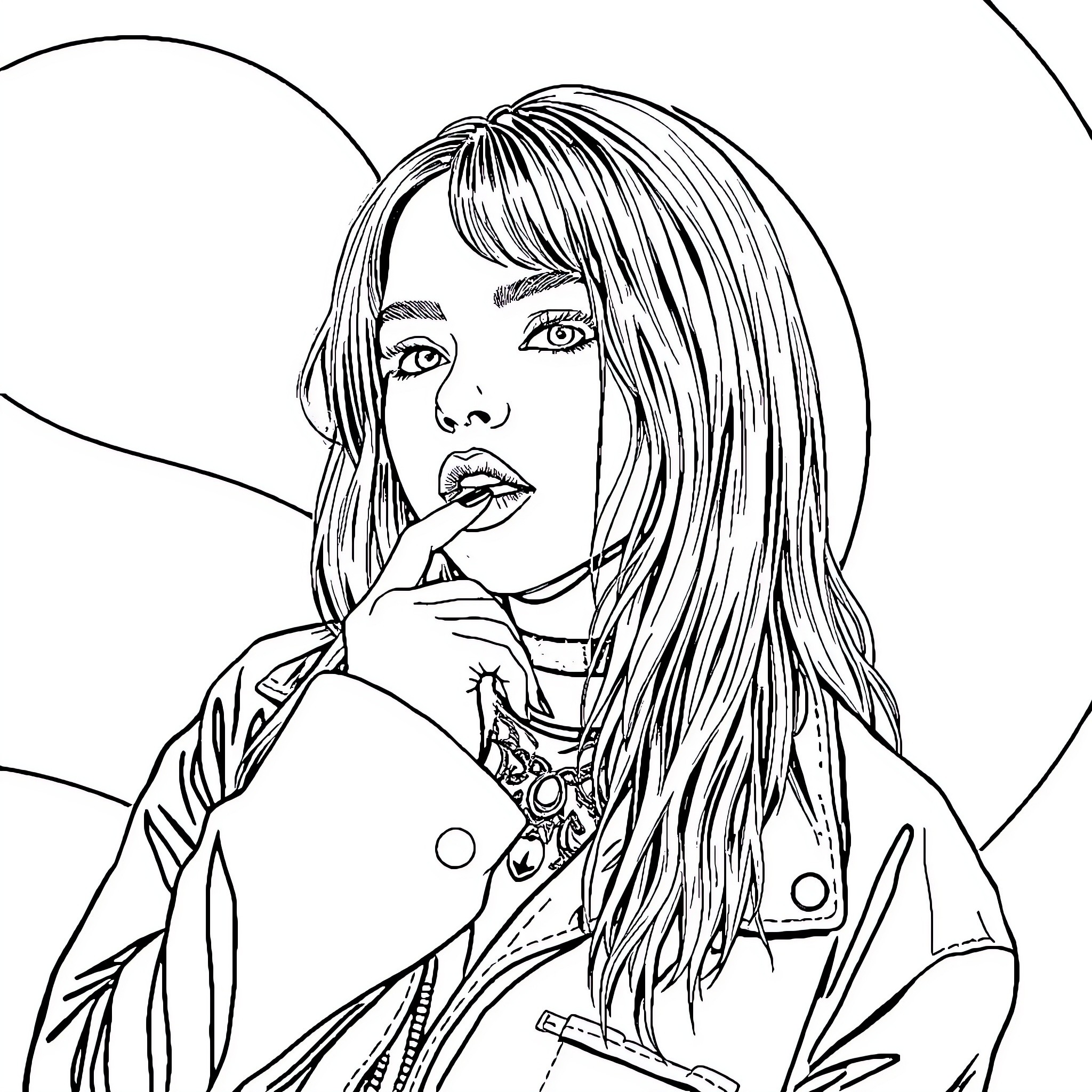 Billie Eilish in contemplative pose Coloring Page (free black-and-white line drawing printable PDF for all, from beginners to advanced learners, including children, teens, adults, and seniors)