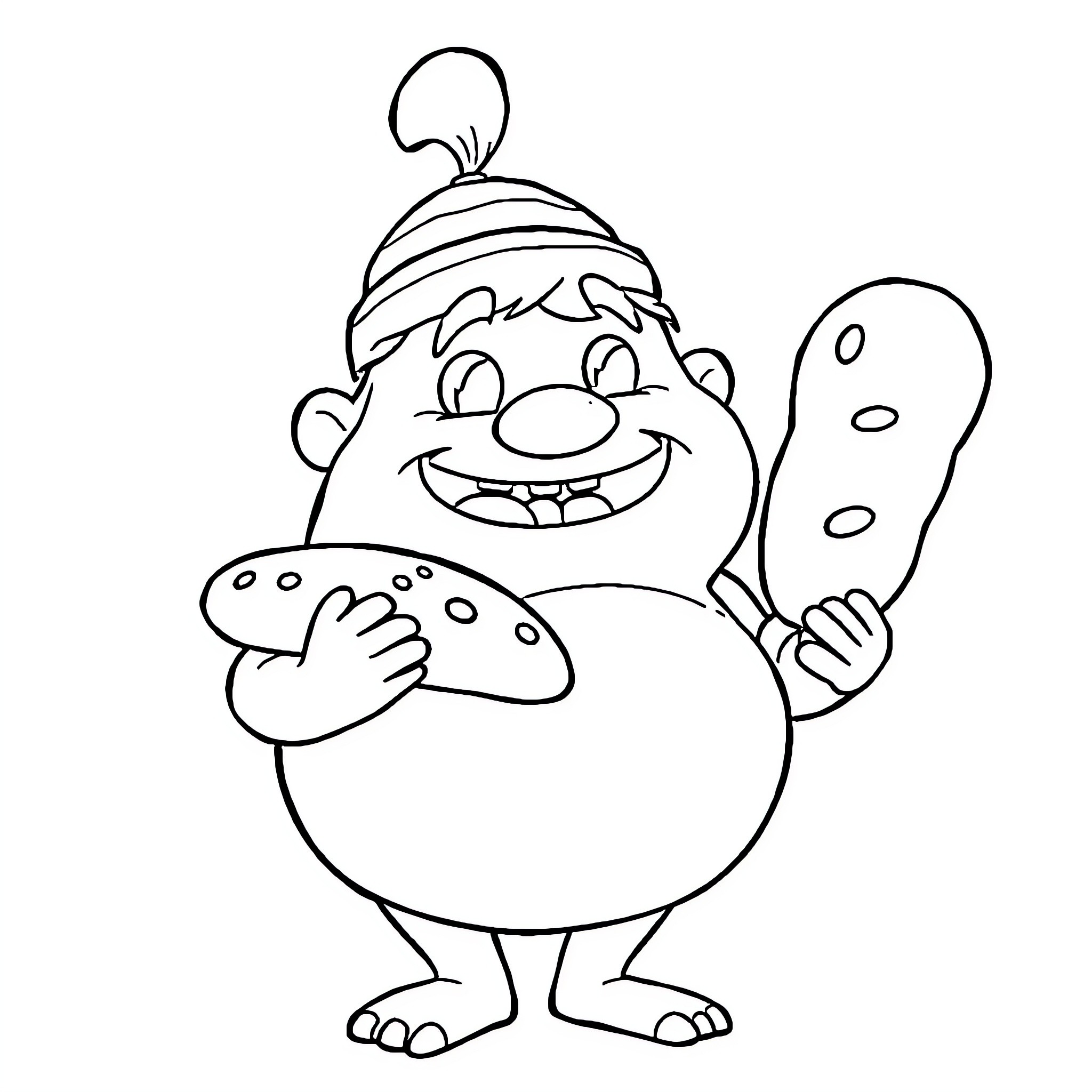 Guy happily holding a large mushroom Coloring Page (free black-and-white line drawing printable PDF for all, from beginners to advanced learners, including children, teens, adults, and seniors)