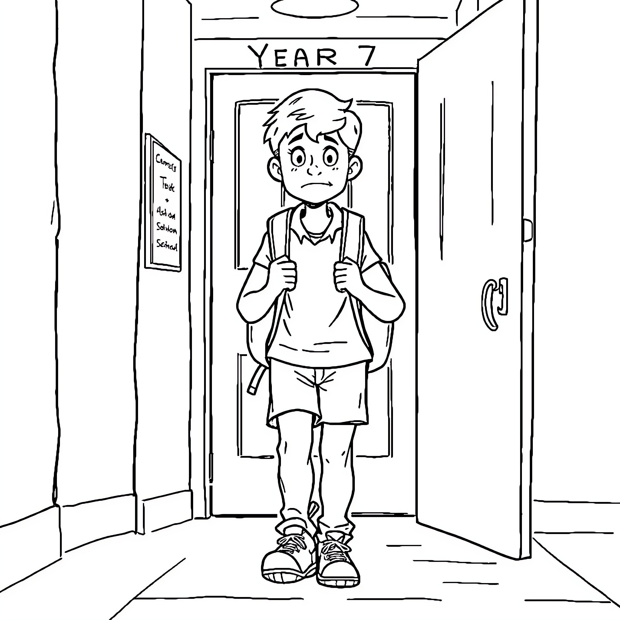 Student entering the year 7 classroom Coloring Page (free black-and-white line drawing printable PDF for all, from beginners to advanced learners, including children, teens, adults, and seniors)