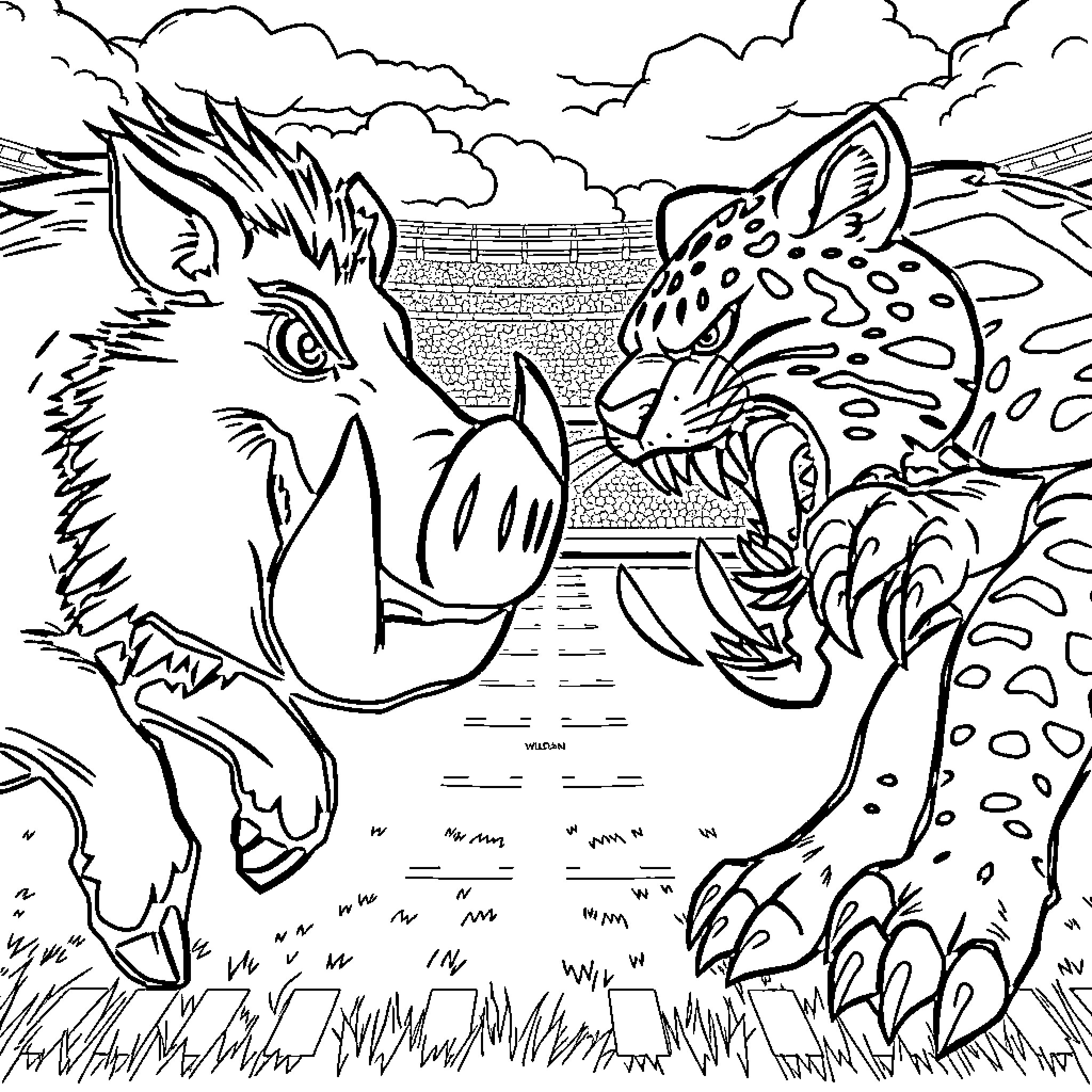 Mascot animal characters in a nature scene Coloring Page (free black-and-white line drawing printable PDF for all, from beginners to advanced learners, including children, teens, adults, and seniors)
