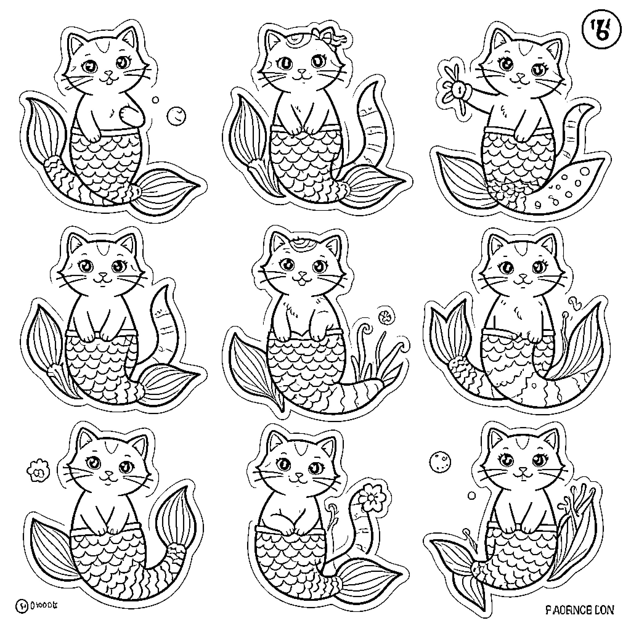 Mermaid Cat characters displaying various cute expressions Coloring Page (free black-and-white line drawing printable PDF for all, from beginners to advanced learners, including children, teens, adults, and seniors)