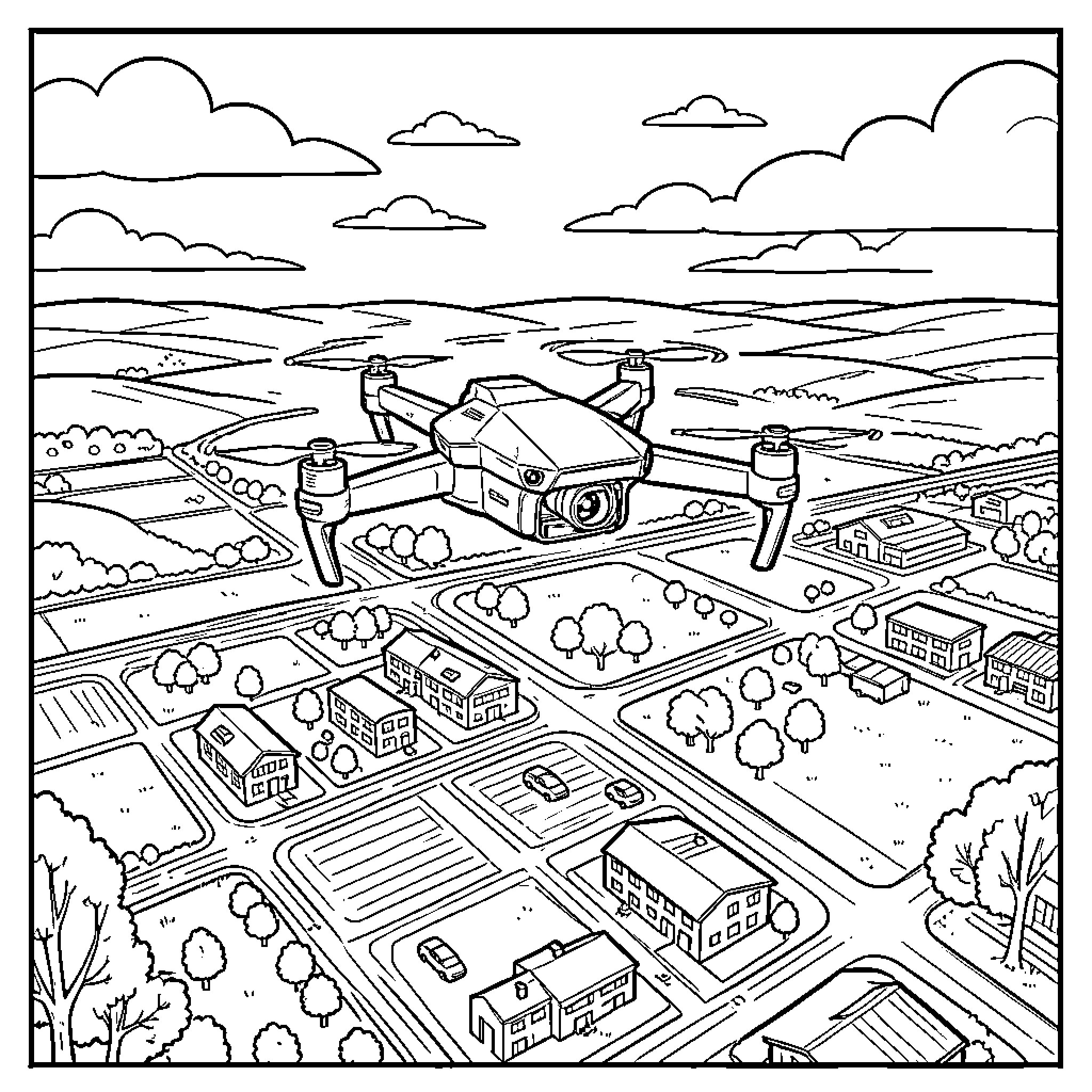 Dji Mini 5 Pro flying over a suburban landscape Coloring Page (free black-and-white line drawing printable PDF for all, from beginners to advanced learners, including children, teens, adults, and seniors)