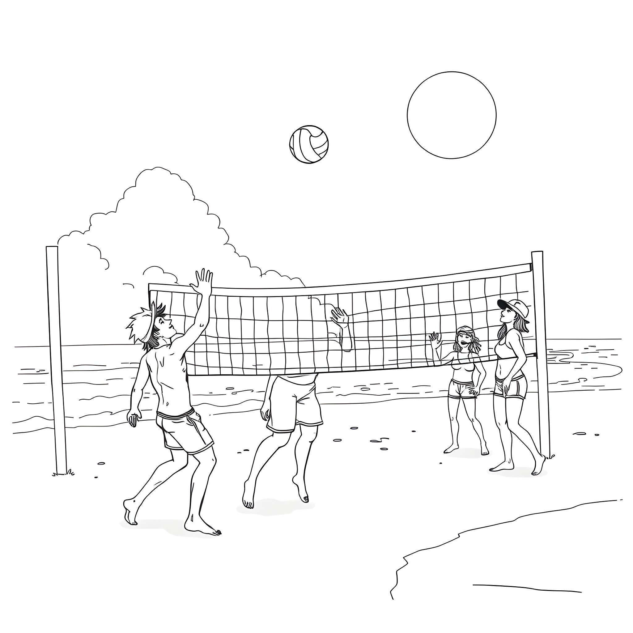 Mario Amodeo playing beach volleyball with friends Coloring Page (free black-and-white line drawing printable PDF for all, from beginners to advanced learners, including children, teens, adults, and seniors)