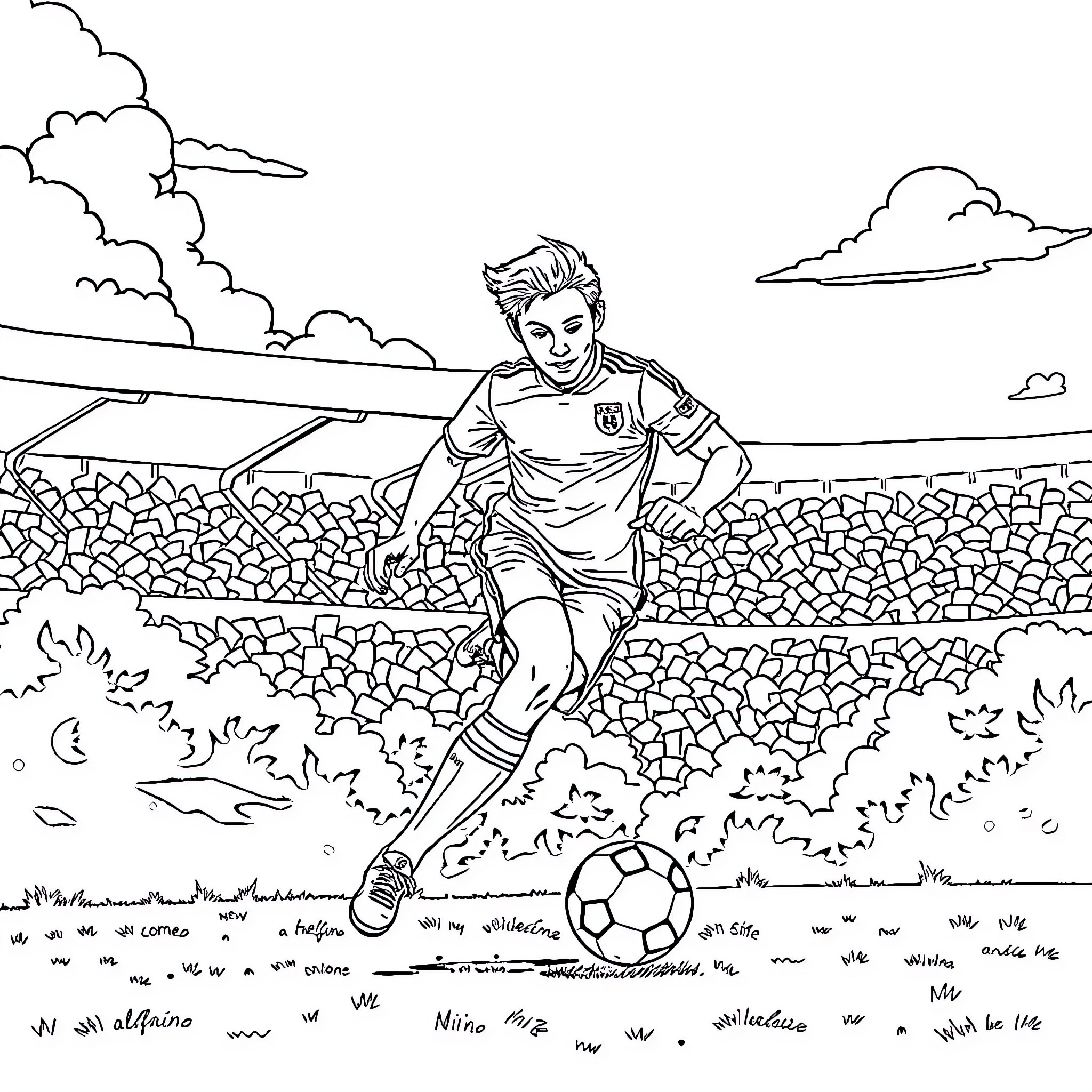 Valderrama playing soccer in a football stadium Coloring Page (free black-and-white line drawing printable PDF for all, from beginners to advanced learners, including children, teens, adults, and seniors)