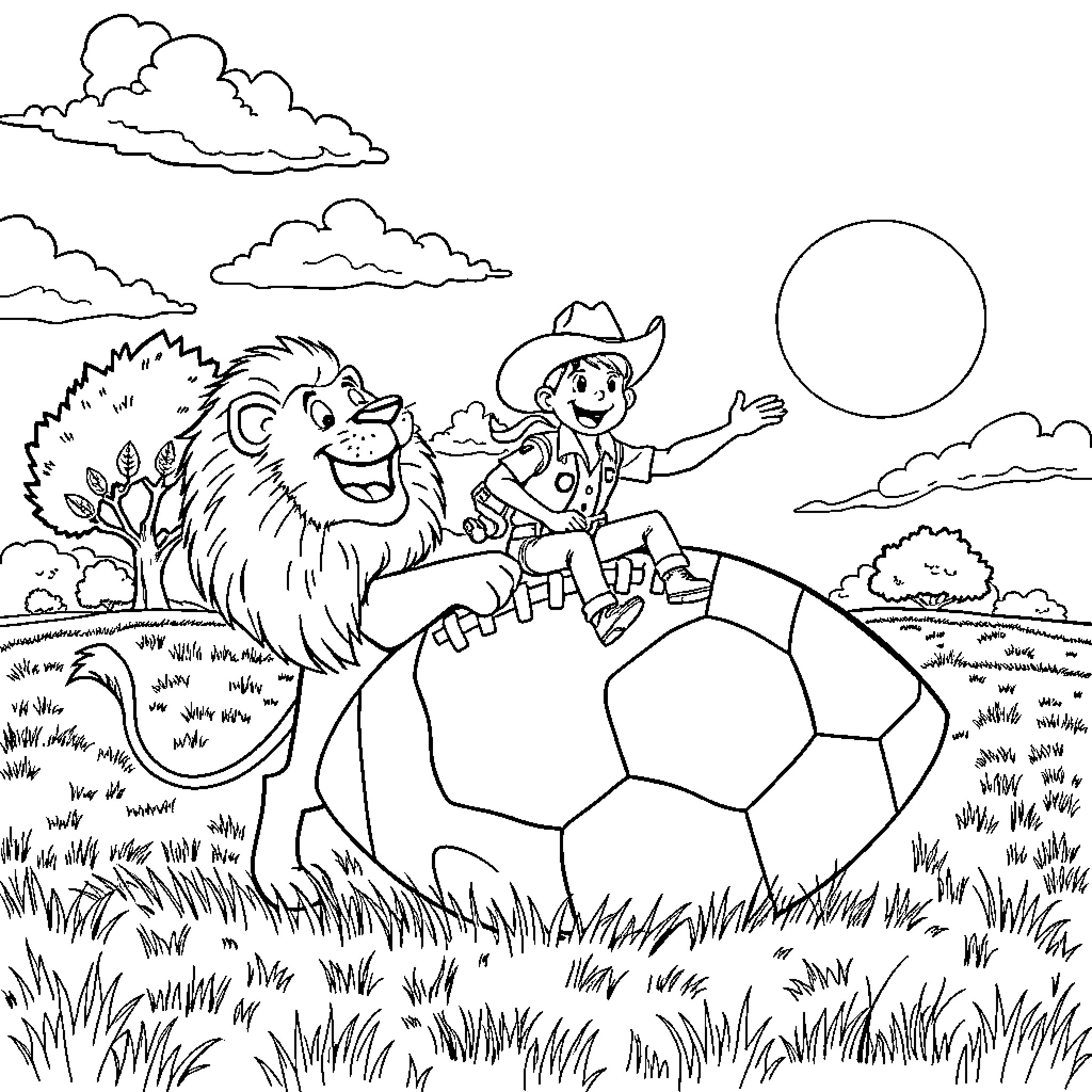 Lion and Cowboy Explore Grassy Landscape Coloring Page (free black-and-white line drawing printable PDF for all, from beginners to advanced learners, including children, teens, adults, and seniors)