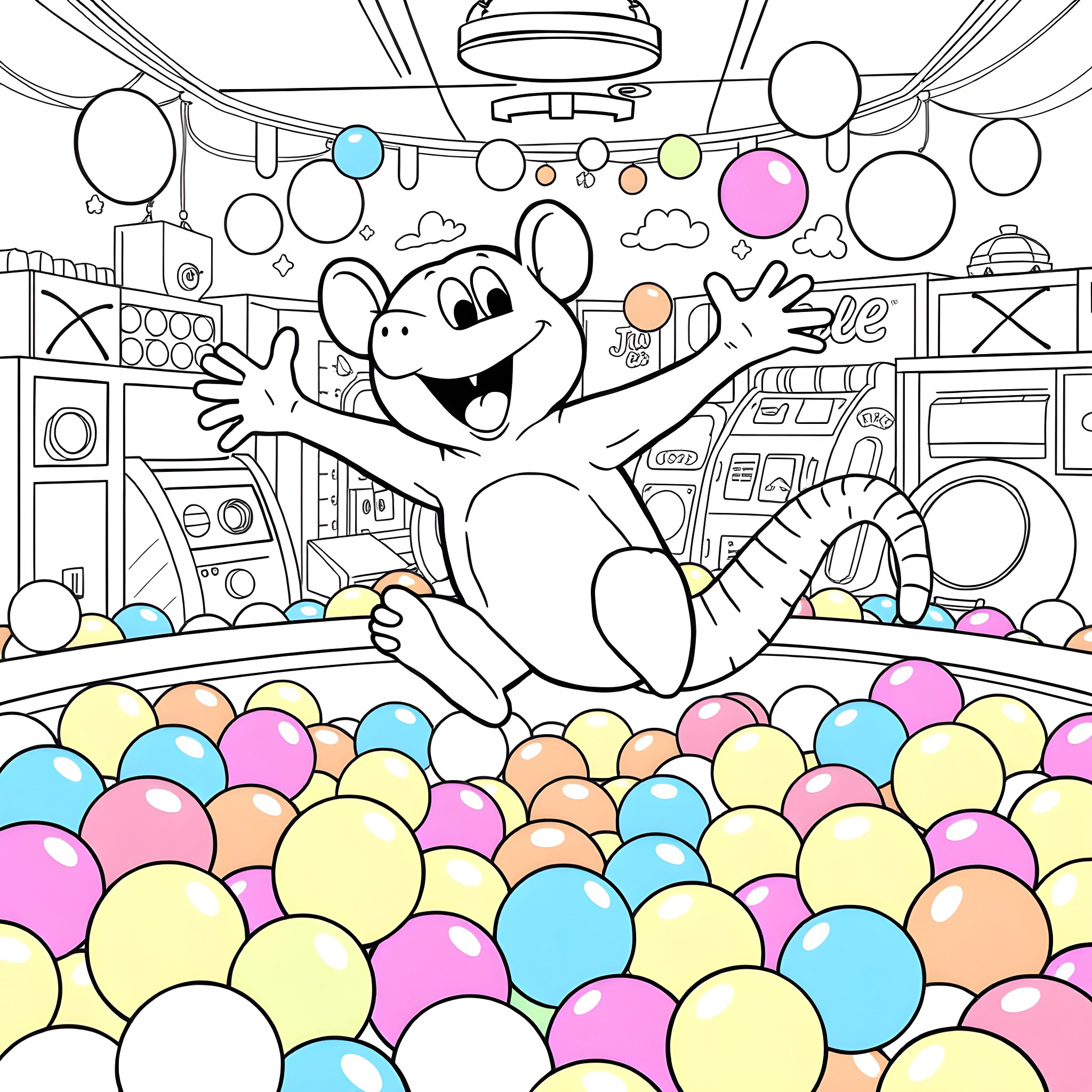 Armadillo playing joyfully in a colorful ball pit Coloring Page (free black-and-white line drawing printable PDF for all, from beginners to advanced learners, including children, teens, adults, and seniors)