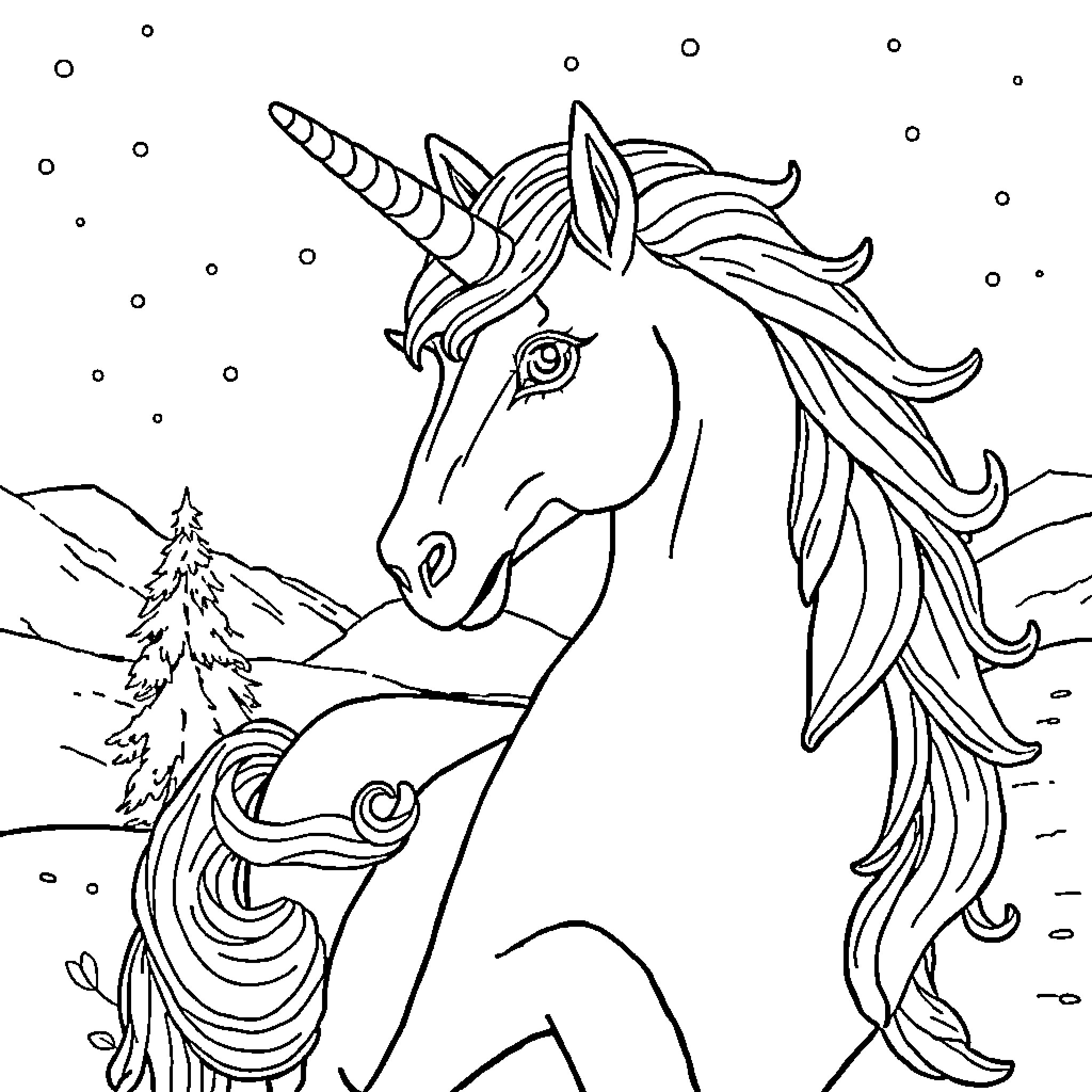 Unicorn standing proudly in a snowy landscape Coloring Page (free black-and-white line drawing printable PDF for all, from beginners to advanced learners, including children, teens, adults, and seniors)