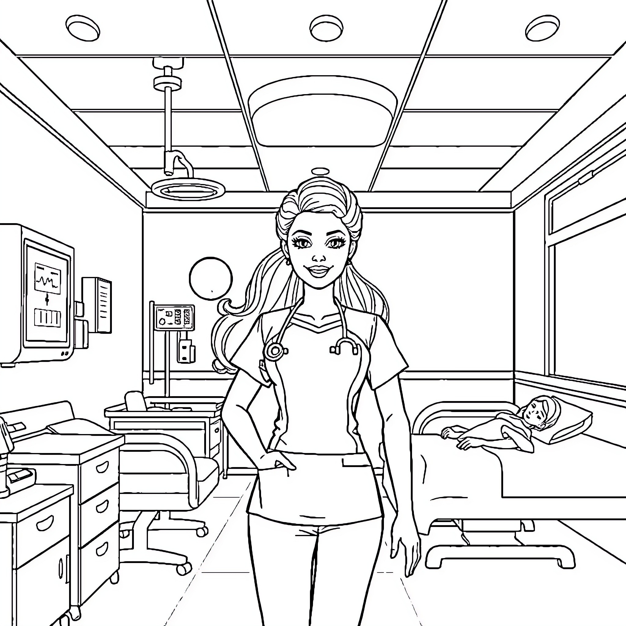 Barbie as a Caring Medical Professional Coloring Page (free black-and-white line drawing printable PDF for all, from beginners to advanced learners, including children, teens, adults, and seniors)