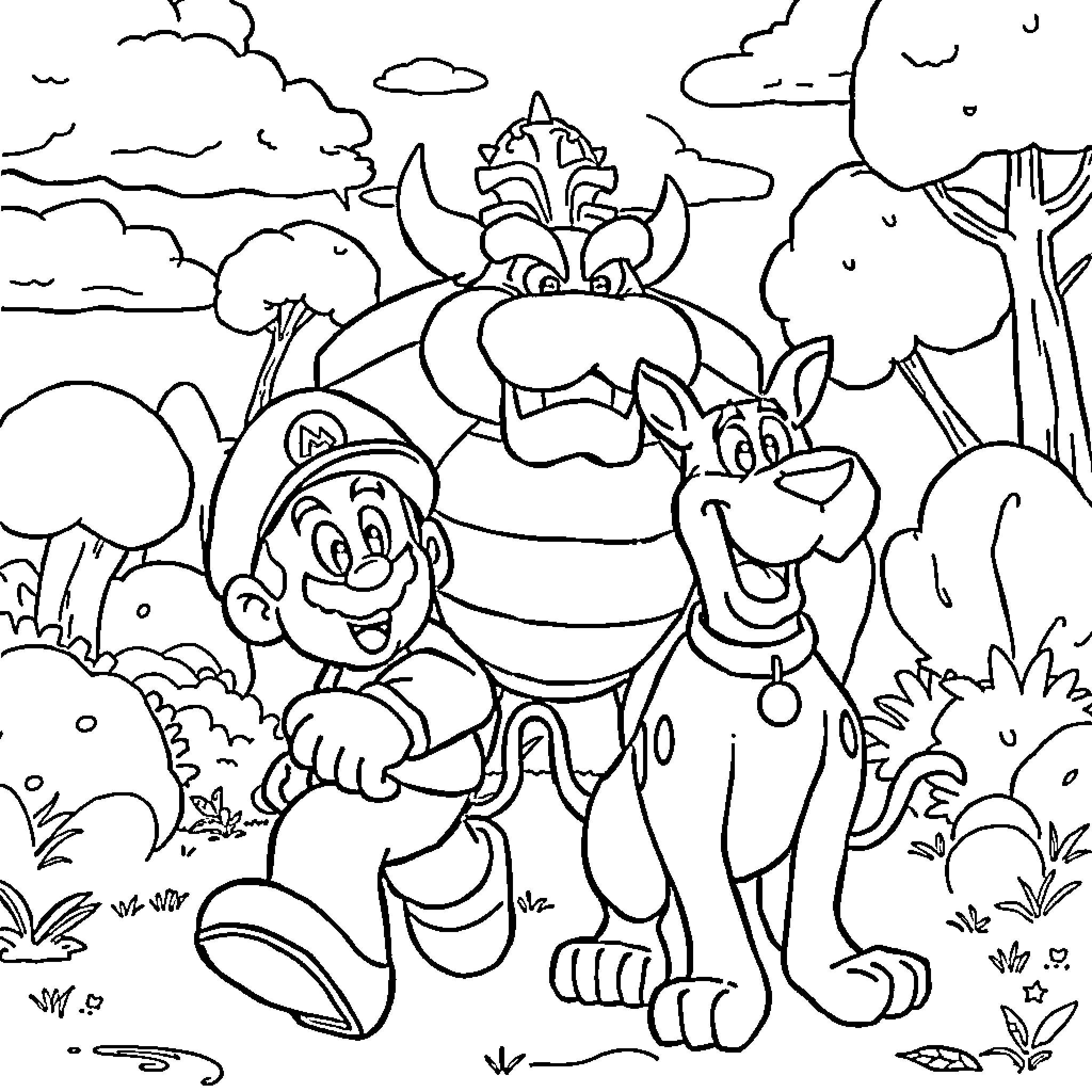 Mario and Toad exploring the enchanted forest Coloring Page (free black-and-white line drawing printable PDF for all, from beginners to advanced learners, including children, teens, adults, and seniors)