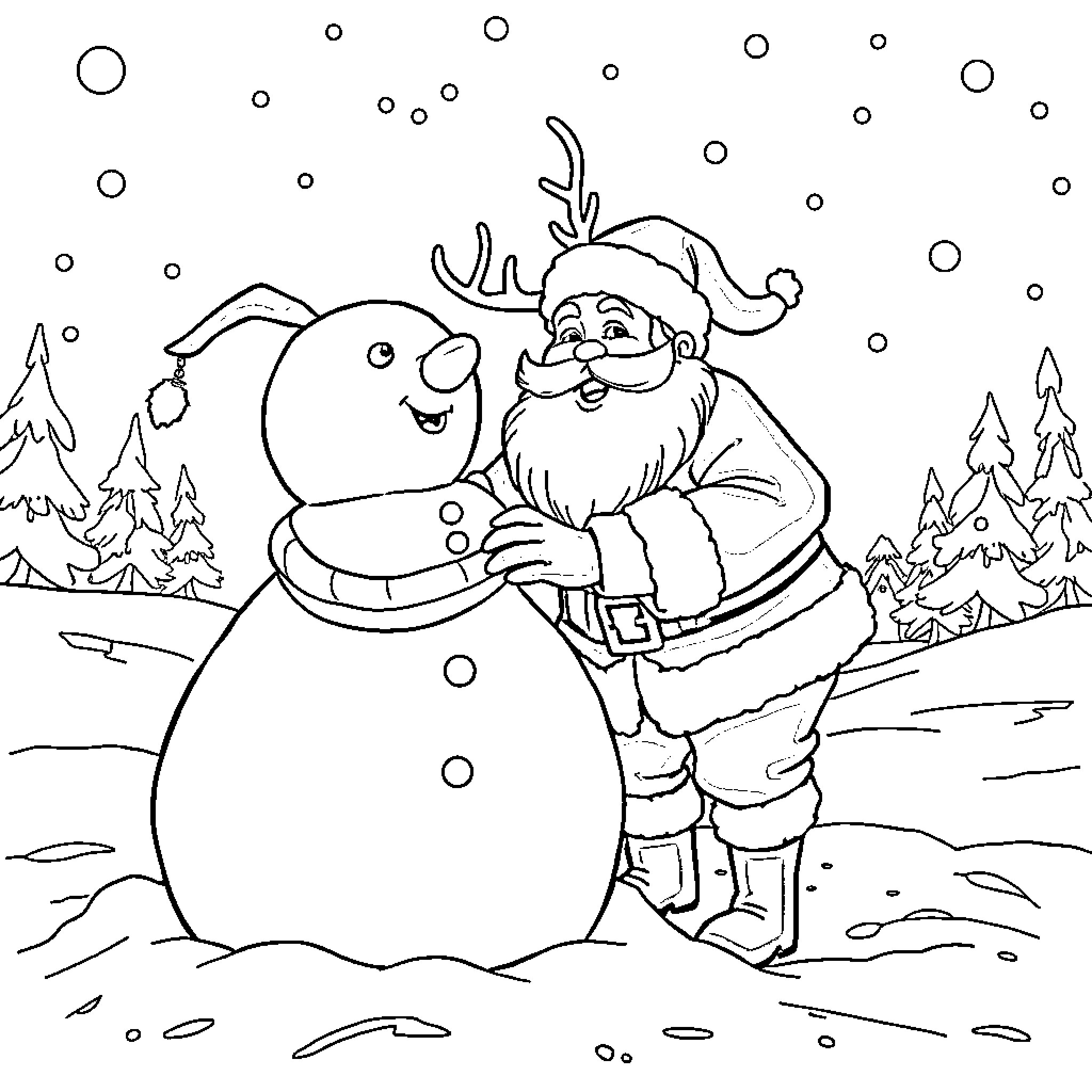 Santa Claus makes a friendly snowman in winter wonderland Coloring Page (free black-and-white line drawing printable PDF for all, from beginners to advanced learners, including children, teens, adults, and seniors)