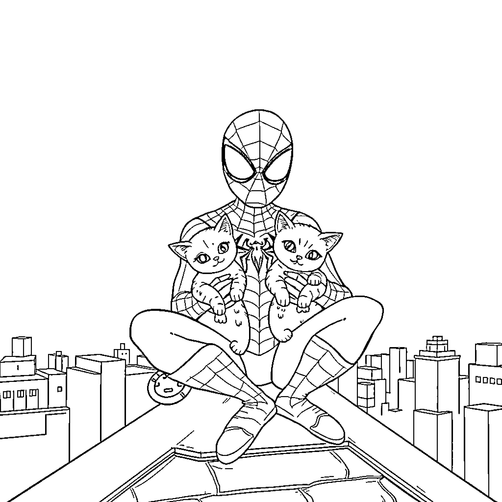 Spiderman embracing cats on a city rooftop Coloring Page (free black-and-white line drawing printable PDF for all, from beginners to advanced learners, including children, teens, adults, and seniors)