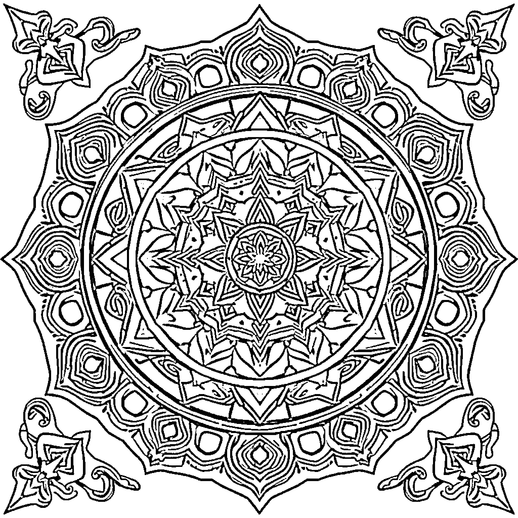 Sri Yantra intricate mandala pattern illustration Coloring Page (free black-and-white line drawing printable PDF for all, from beginners to advanced learners, including children, teens, adults, and seniors)