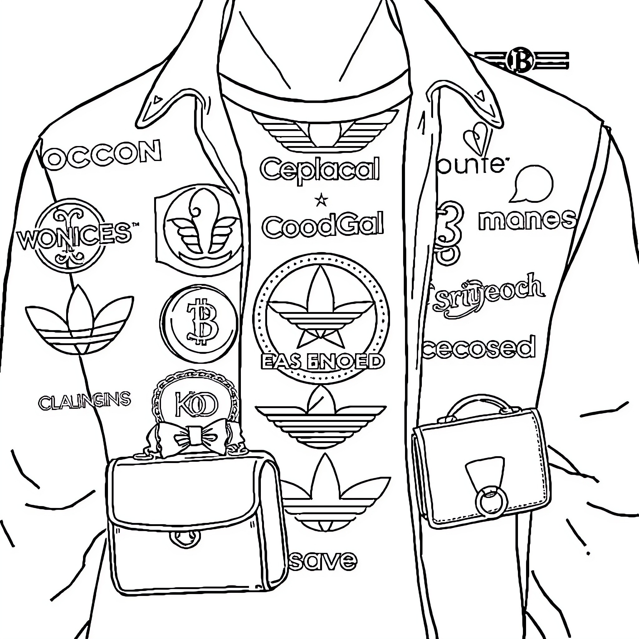 Logo featuring brand logos, symbols, and accessories Coloring Page (free black-and-white line drawing printable PDF for all, from beginners to advanced learners, including children, teens, adults, and seniors)