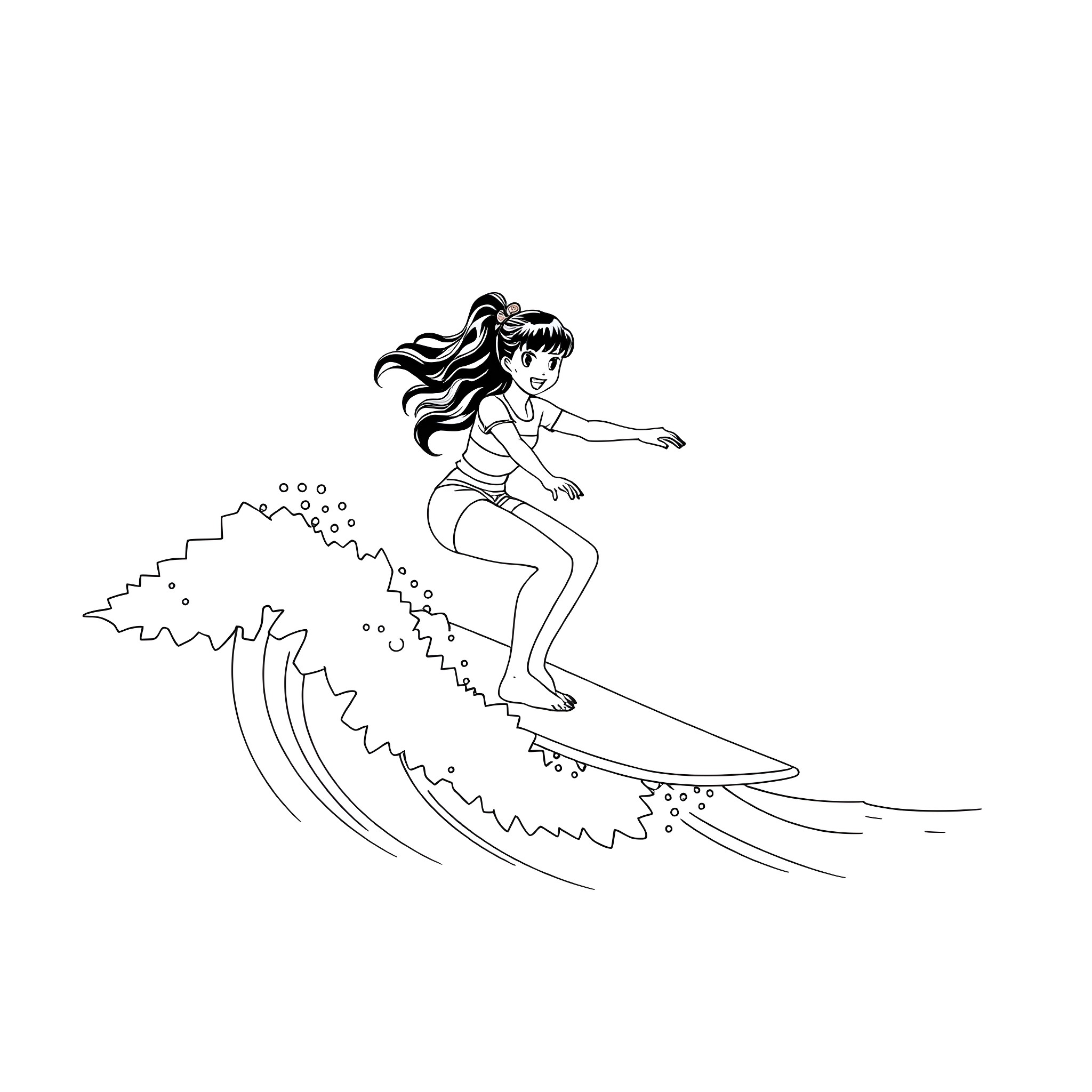 Nezuko surfing on a magical wave Coloring Page (free black-and-white line drawing printable PDF for all, from beginners to advanced learners, including children, teens, adults, and seniors)