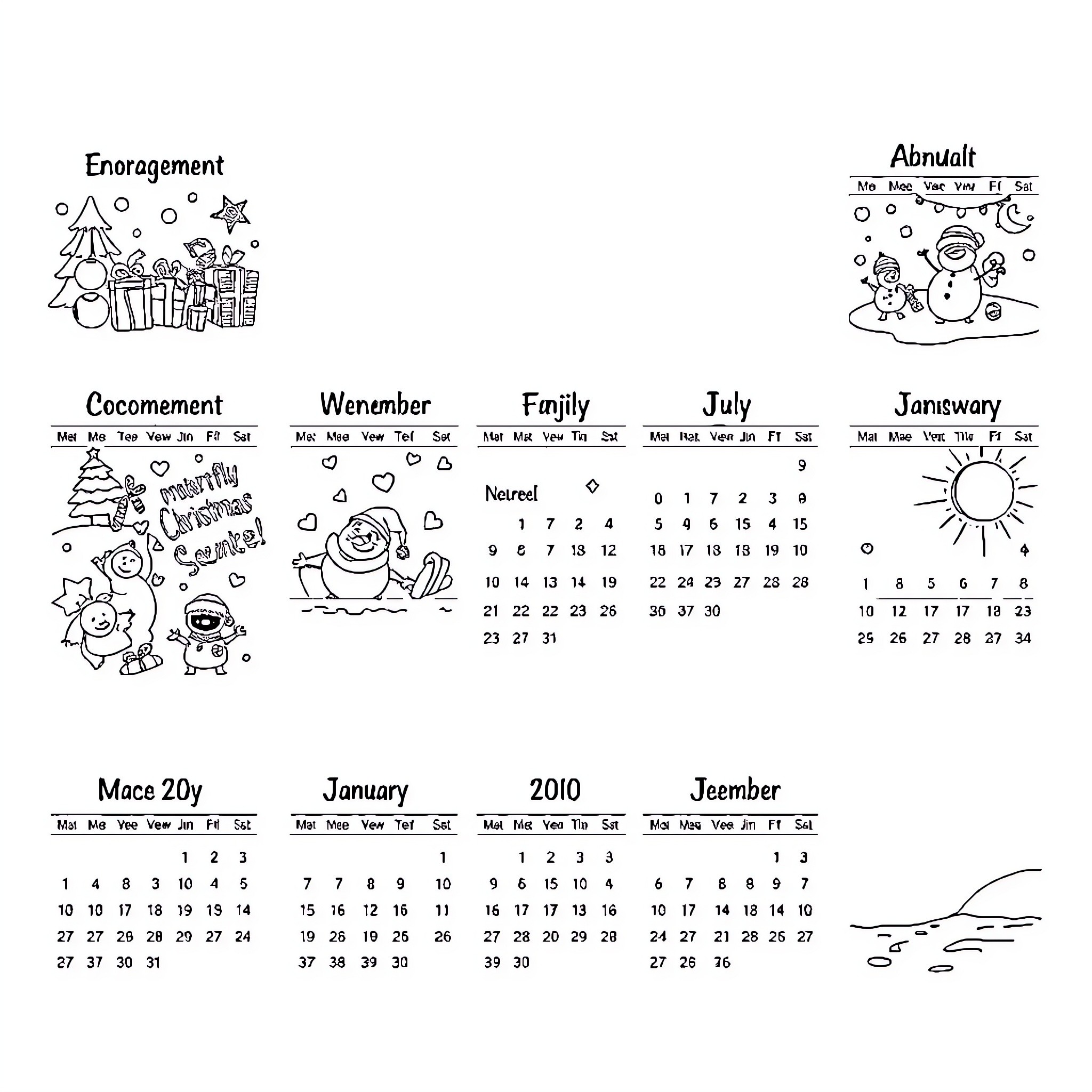 Months of the Year with Diverse Imagery Coloring Page (free black-and-white line drawing printable PDF for all, from beginners to advanced learners, including children, teens, adults, and seniors)