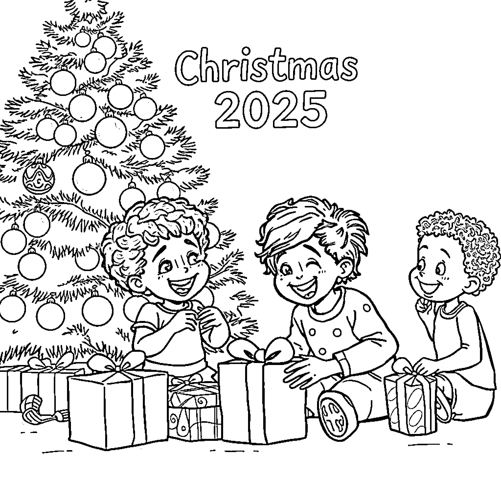 Christmas Tree with Happy Children Opening Presents Coloring Page (free black-and-white line drawing printable PDF for all, from beginners to advanced learners, including children, teens, adults, and seniors)