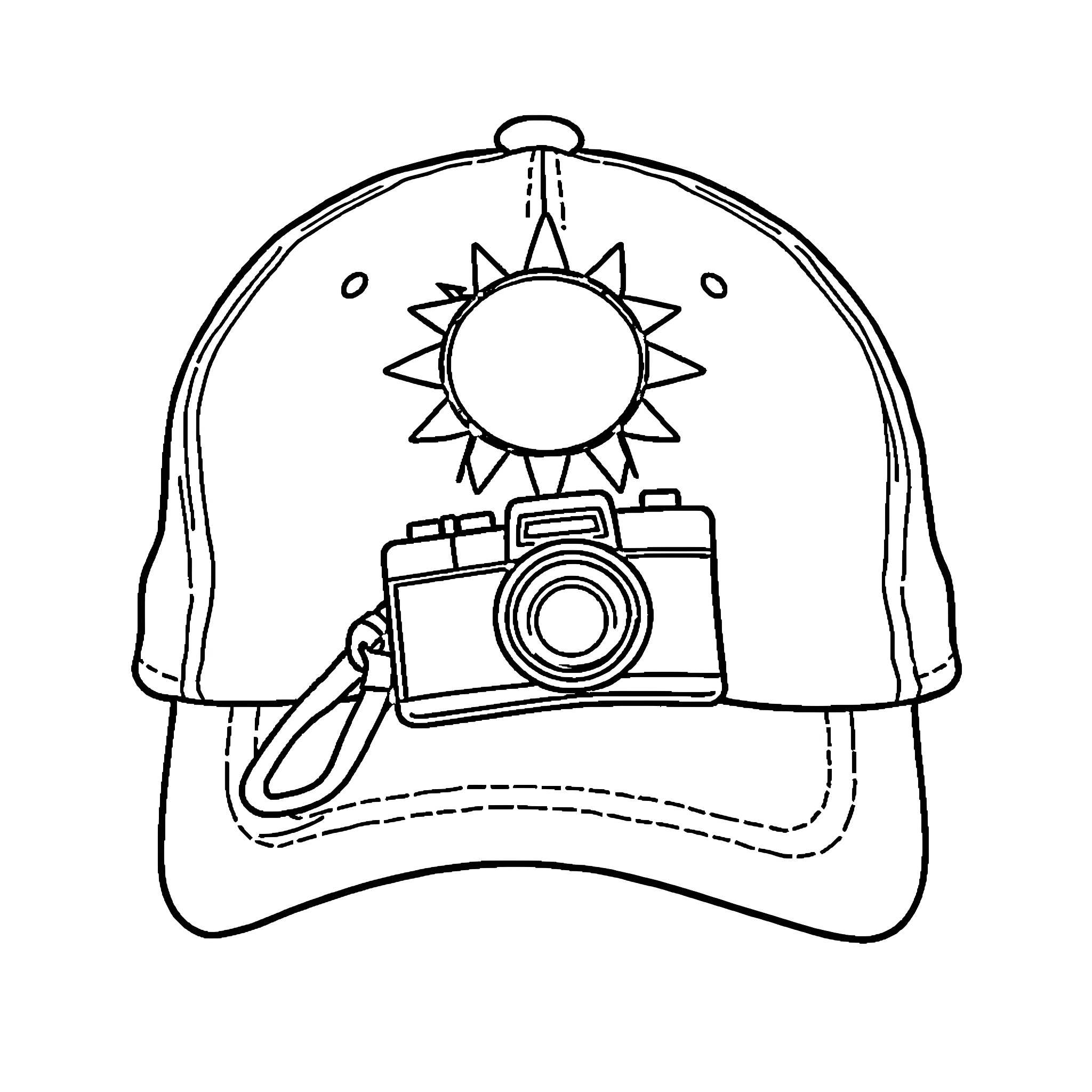 Cap with Camera and Sun Design Coloring Page (free black-and-white line drawing printable PDF for all, from beginners to advanced learners, including children, teens, adults, and seniors)