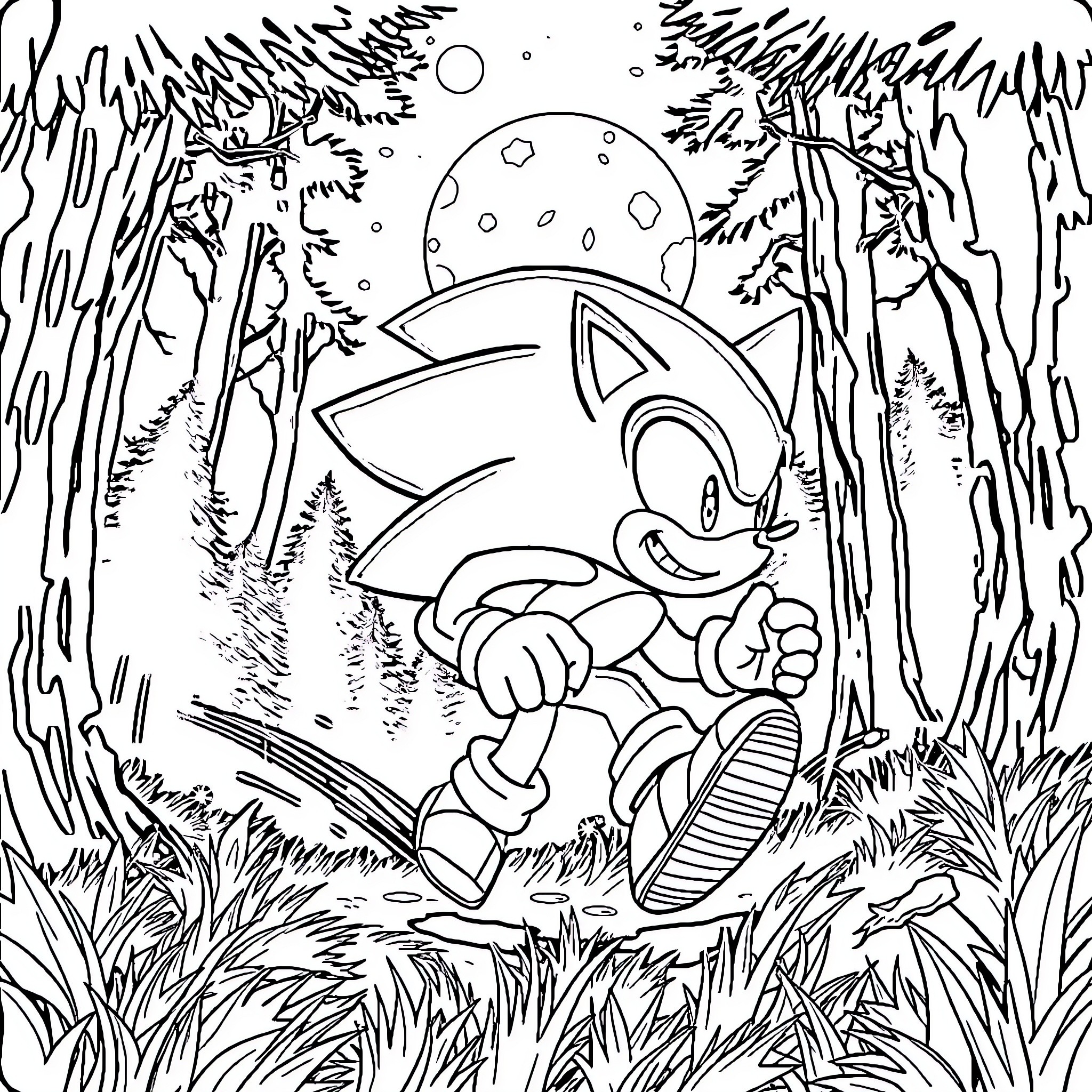 Sonic running through a forest scene Coloring Page (free black-and-white line drawing printable PDF for all, from beginners to advanced learners, including children, teens, adults, and seniors)