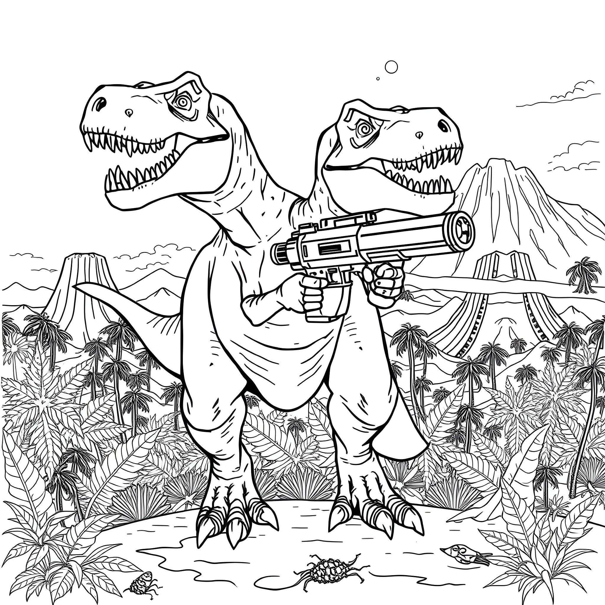 T-Rex Dinosaurs with Futuristic Weapons in Prehistoric Landscape Coloring Page (free black-and-white line drawing printable PDF for all, from beginners to advanced learners, including children, teens, adults, and seniors)