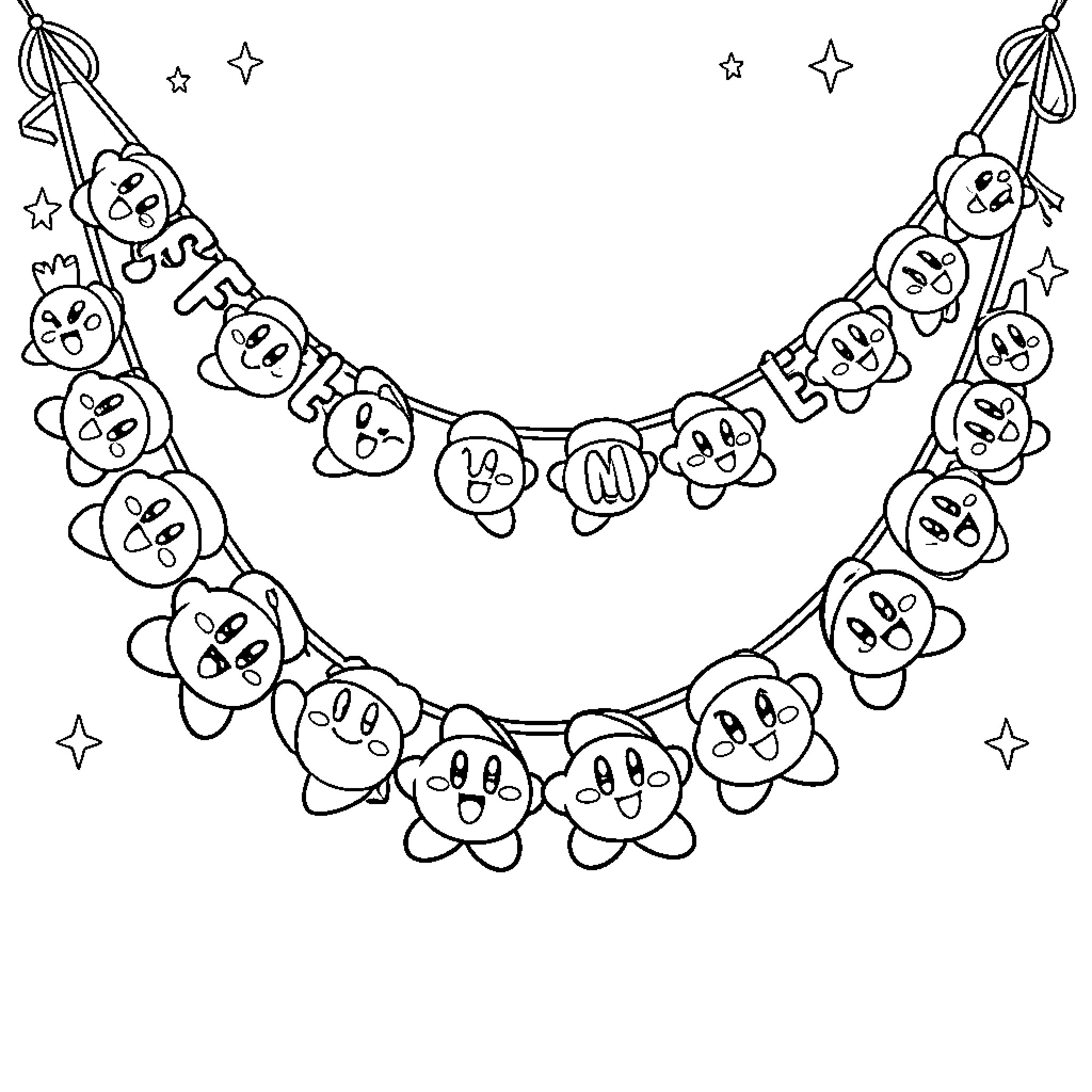 Kirby characters in a festive garland Coloring Page (free black-and-white line drawing printable PDF for all, from beginners to advanced learners, including children, teens, adults, and seniors)