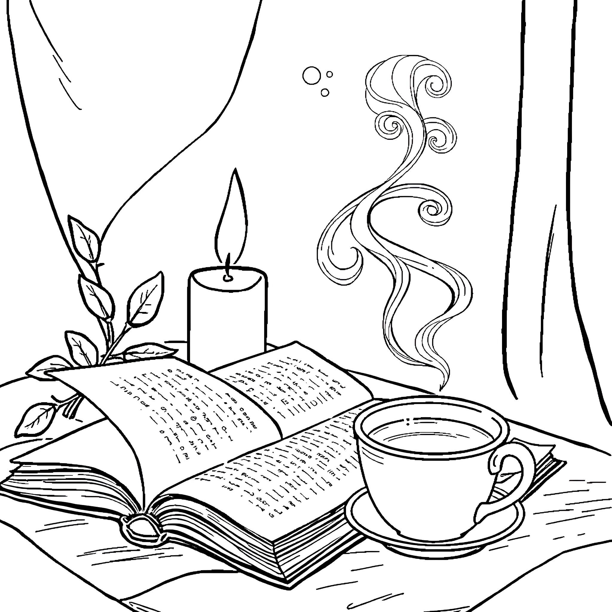 Candle, book, and tea in cozy atmosphere Coloring Page (free black-and-white line drawing printable PDF for all, from beginners to advanced learners, including children, teens, adults, and seniors)