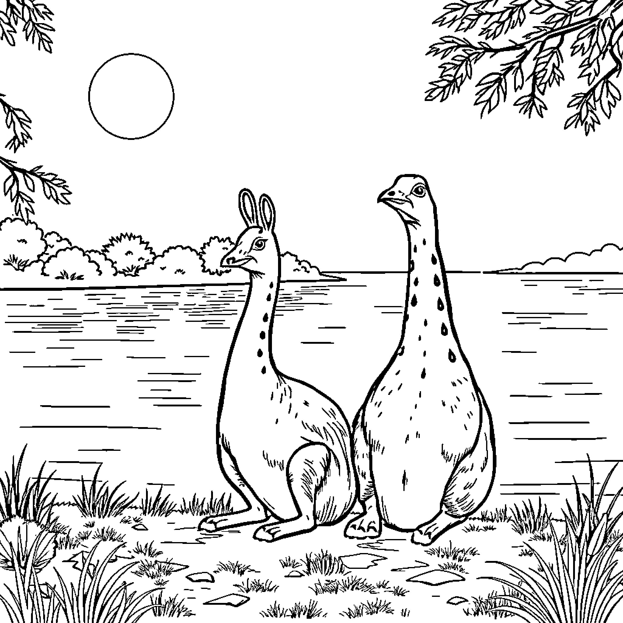 Capybara duo by the lake Coloring Page (free black-and-white line drawing printable PDF for all, from beginners to advanced learners, including children, teens, adults, and seniors)