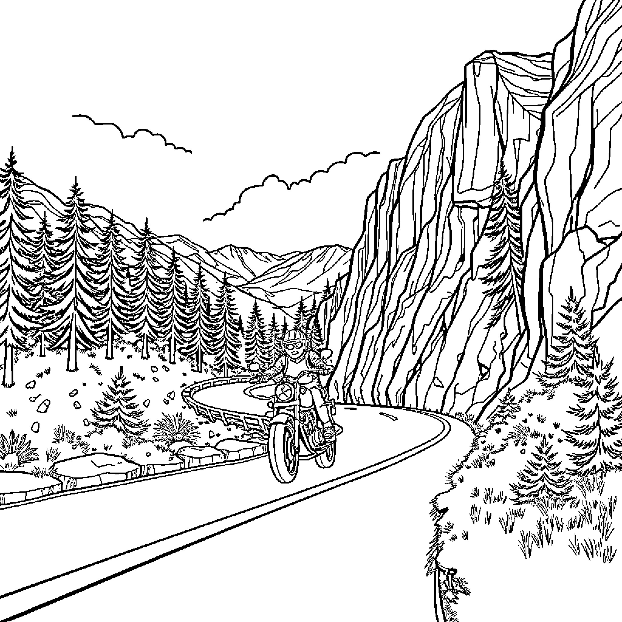 Motorcycle riding through scenic mountain landscape Coloring Page (free black-and-white line drawing printable PDF for all, from beginners to advanced learners, including children, teens, adults, and seniors)