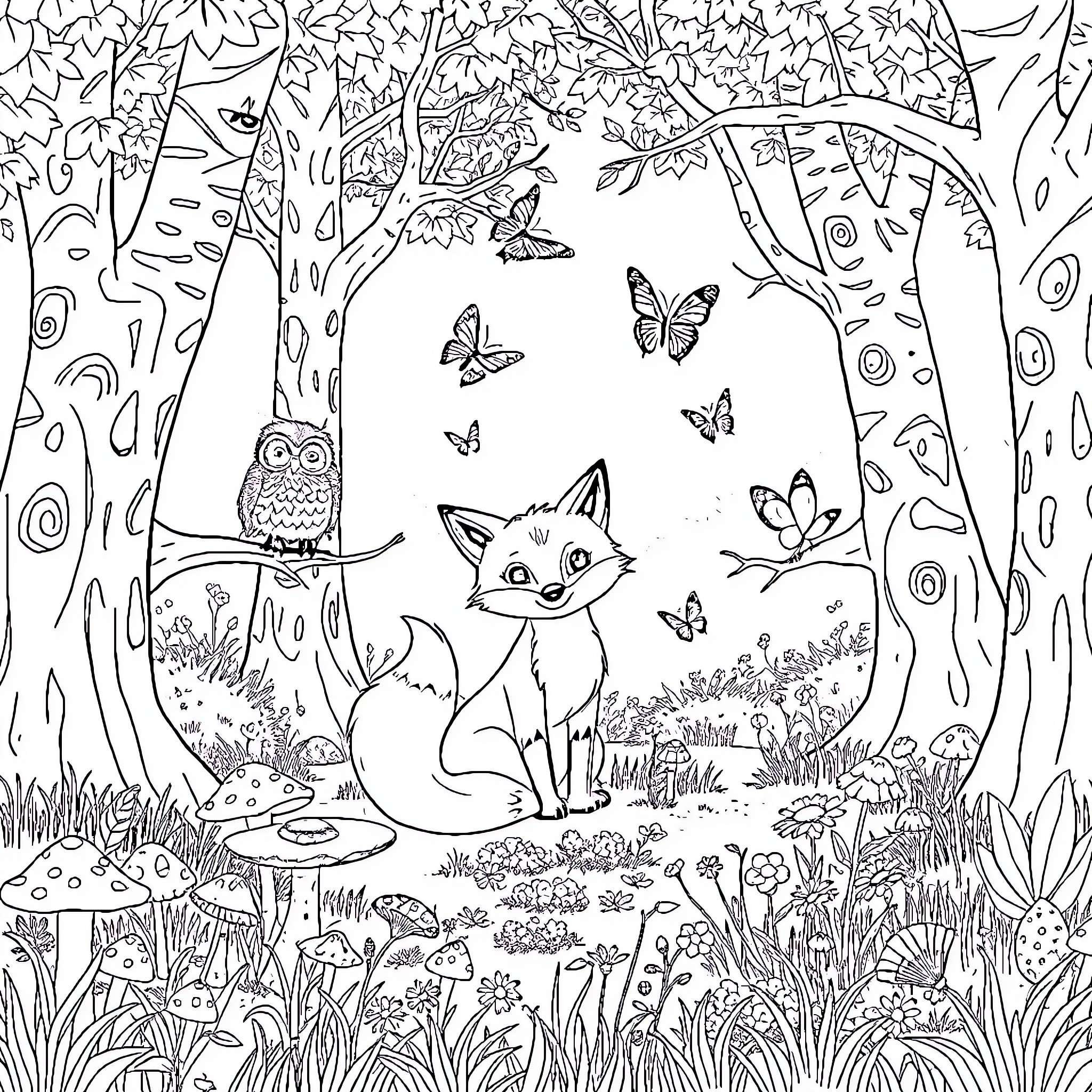 Fox exploring the enchanted forest with woodland creatures Coloring Page (free black-and-white line drawing printable PDF for all, from beginners to advanced learners, including children, teens, adults, and seniors)